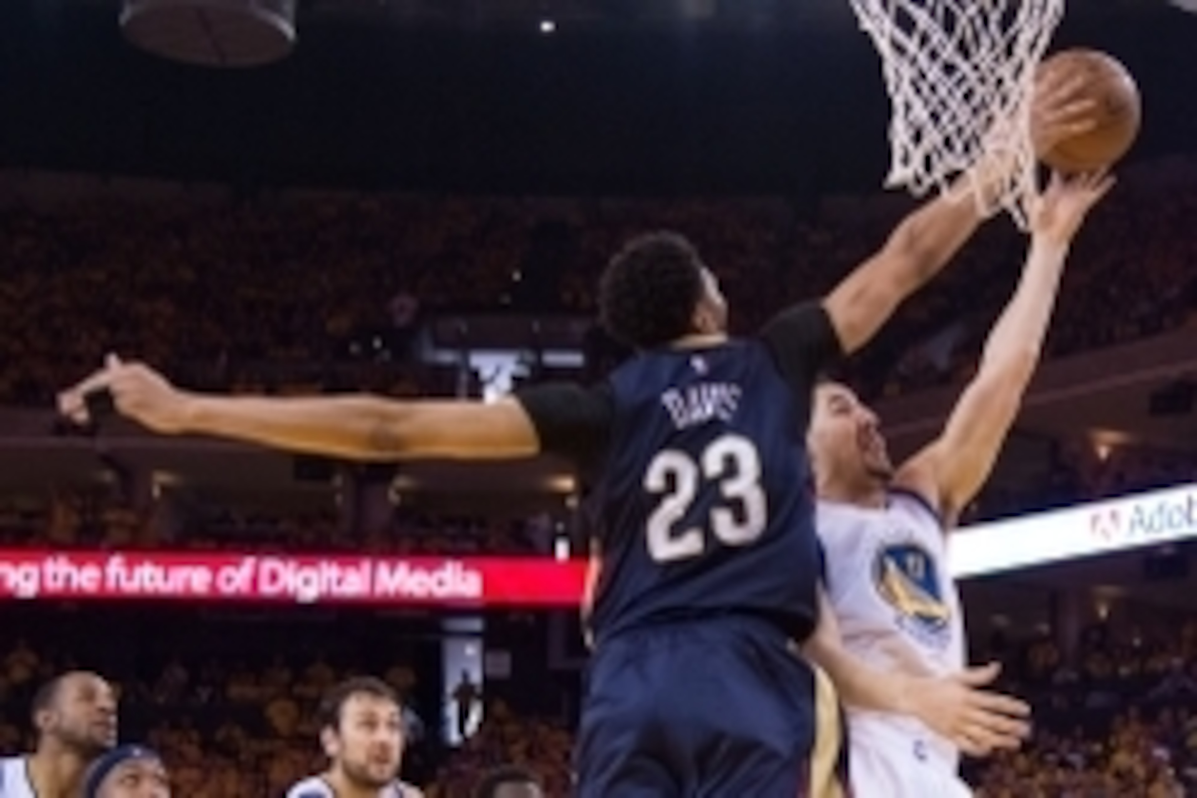 April 18, 2015; Oakland, CA, USA; Golden State Warriors guard Klay Thompson (11) shoots the basketball against New Orleans Pelicans forward Anthony Davis (23) during the fourth quarter in game one of the first round of the NBA Playoffs at Oracle Arena. Th