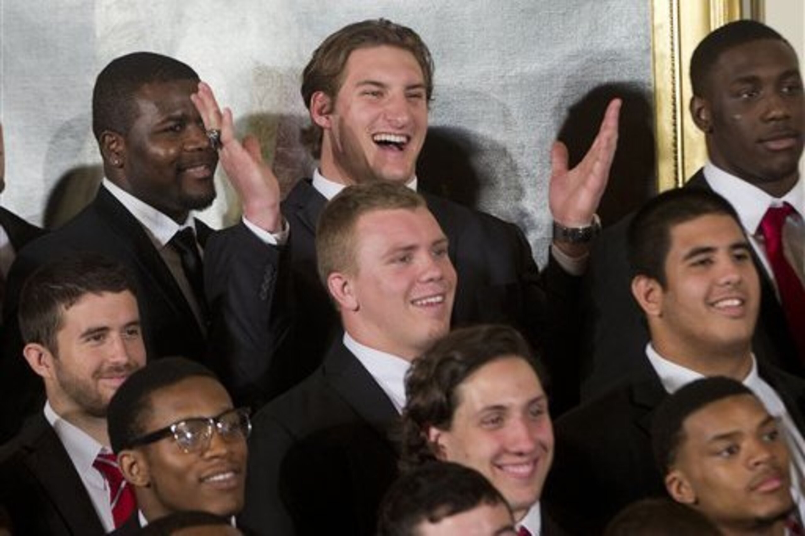 Joey Bosa shrugs for Barack Obama at the White House. Joey Bosa shrugs for Barack Obama at the White House.