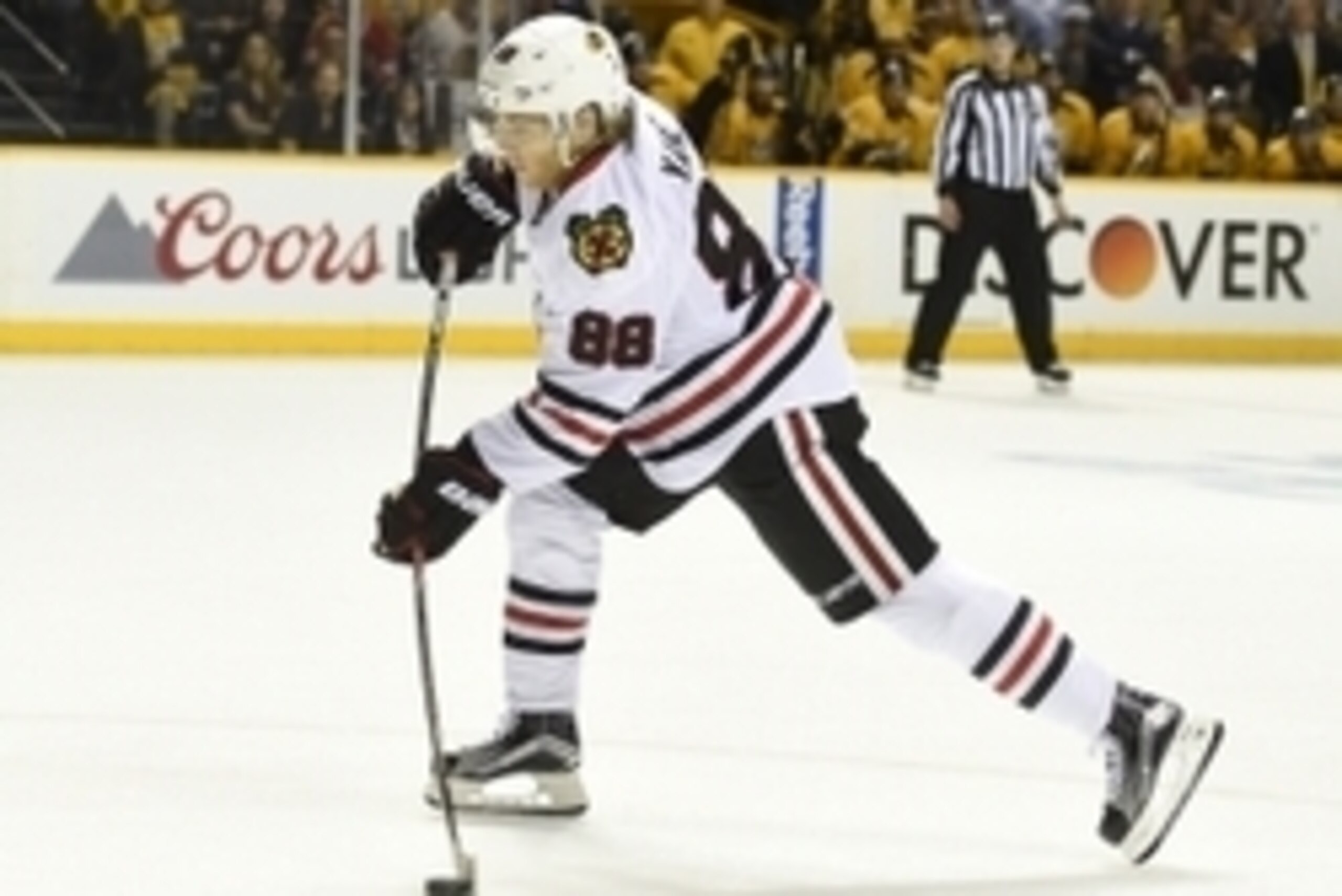 Apr 17, 2015; Nashville, TN, USA; Chicago Blackhawks right winger Patrick Kane (88) attempts a shot during the first period against the Nashville Predators in game two of the first round of the the 2015 Stanley Cup Playoffs at Bridgestone Arena. Mandatory