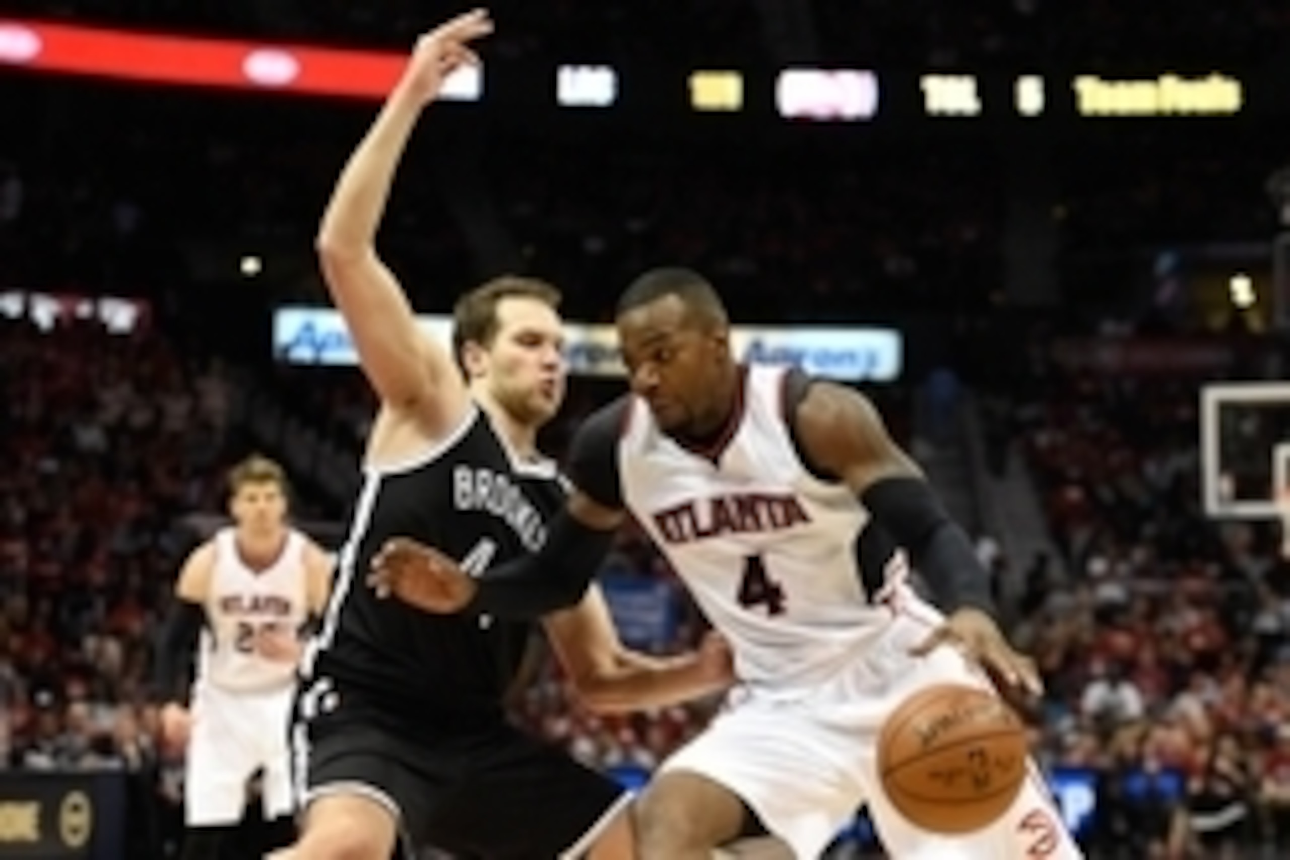 Apr 19, 2015; Atlanta, GA, USA; Atlanta Hawks forward Paul Millsap (4) is defended by Brooklyn Nets guard Bojan Bogdanovic (44) during the second half in game one of the first round of the NBA Playoffs at Philips Arena. The Hawks defeated the Nets 99-92. Apr 19, 2015; Atlanta, GA, USA; Atlanta Hawks forward Paul Millsap (4) is defended by Brooklyn Nets guard Bojan Bogdanovic (44) during the second half in game one of the first round of the NBA Playoffs at Philips Arena. The Hawks defeated the Nets 99-92.