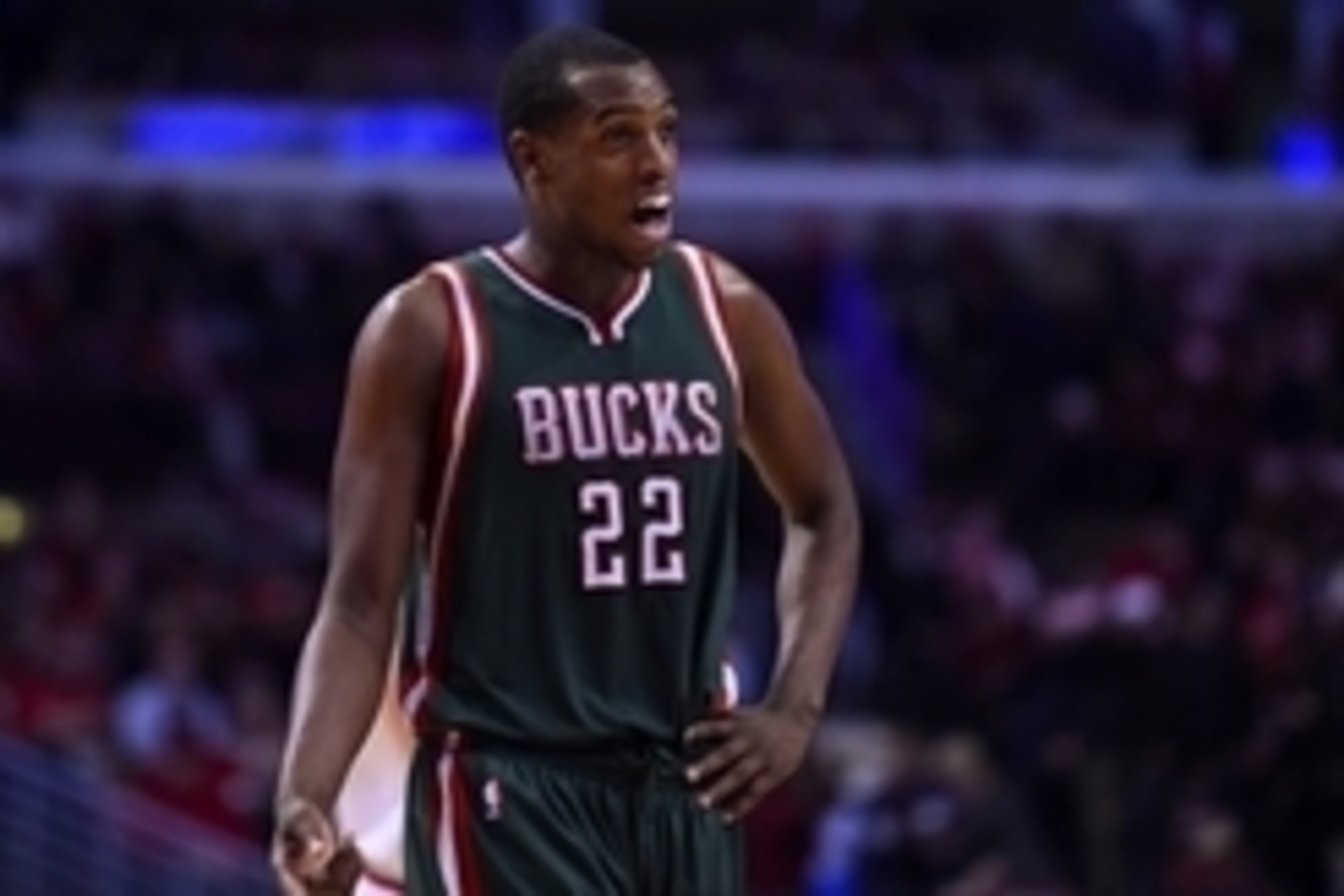 Apr 20, 2015; Chicago, IL, USA; Milwaukee Bucks guard Khris Middleton (22) reacts against the Chicago Bulls during the second half in game two of the first round of the 2015 NBA Playoffs at the United Center. The Chicago Bulls defeat the Milwaukee Bucks 9 Apr 20, 2015; Chicago, IL, USA; Milwaukee Bucks guard Khris Middleton (22) reacts against the Chicago Bulls during the second half in game two of the first round of the 2015 NBA Playoffs at the United Center. The Chicago Bulls defeat the Milwaukee Bucks 9