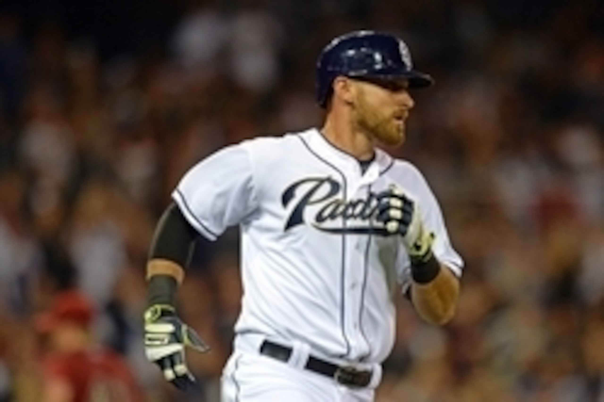 Apr 15, 2015; San Diego, CA, USA; San Diego Padres third baseman Will Middlebrooks (11) runs to first during the sixth inning against the Arizona Diamondbacks at Petco Park. Mandatory Credit: Jake Roth-USA TODAY Sports