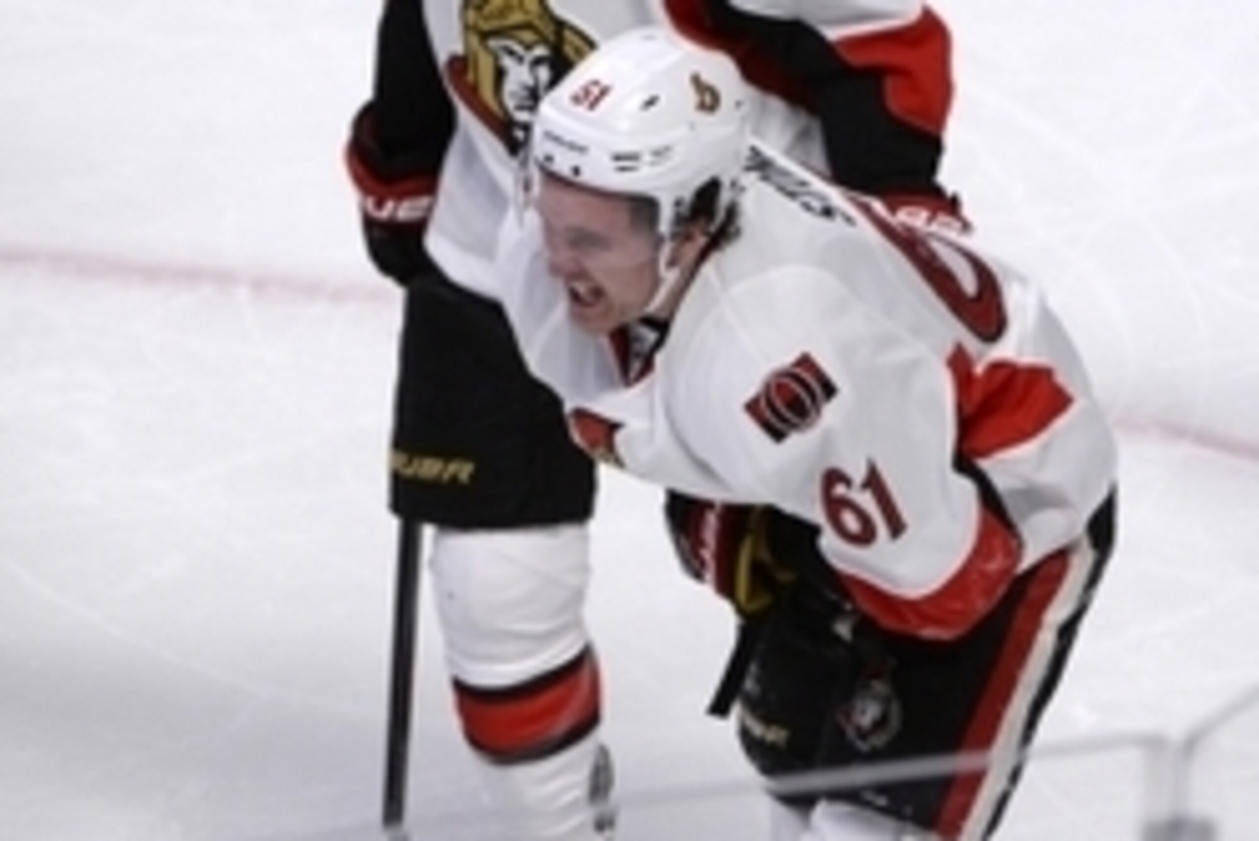 Apr 15, 2015; Montreal, Quebec, CAN; Ottawa Senators forward Mark Stone (61) reacts after getting slashed by Montreal Canadiens defenseman P.K. Subban (not pictured) during the second period in game one of the first round of the the 2015 Stanley Cup Playo Apr 15, 2015; Montreal, Quebec, CAN; Ottawa Senators forward Mark Stone (61) reacts after getting slashed by Montreal Canadiens defenseman P.K. Subban (not pictured) during the second period in game one of the first round of the the 2015 Stanley Cup Playo
