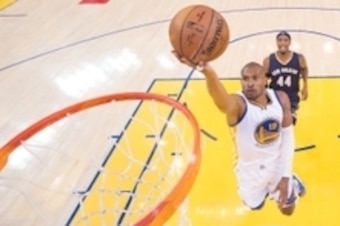 April 20, 2015; Oakland, CA, USA; Golden State Warriors guard Leandro Barbosa (19) shoots a layup against New Orleans Pelicans forward Dante Cunningham (44) during the first half in game two of the first round of the NBA Playoffs at Oracle Arena. The Warr