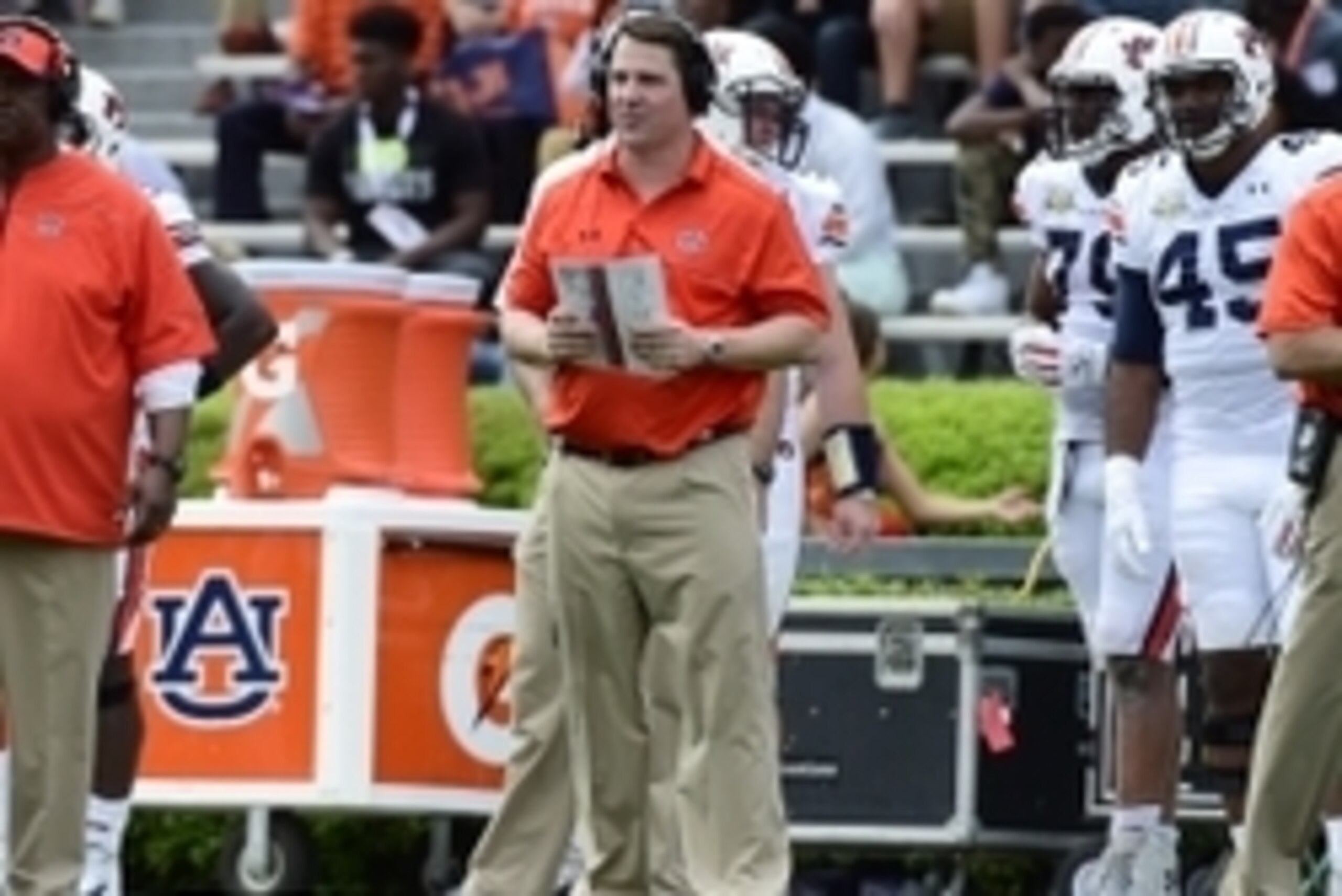 Apr 18, 2015; Auburn, AL, USA; Auburn Tigers defensive coordinator Will Muschamp looks on during the spring game at Jordan-Hare Stadium. Mandatory Credit: Shanna Lockwood-USA TODAY Sports