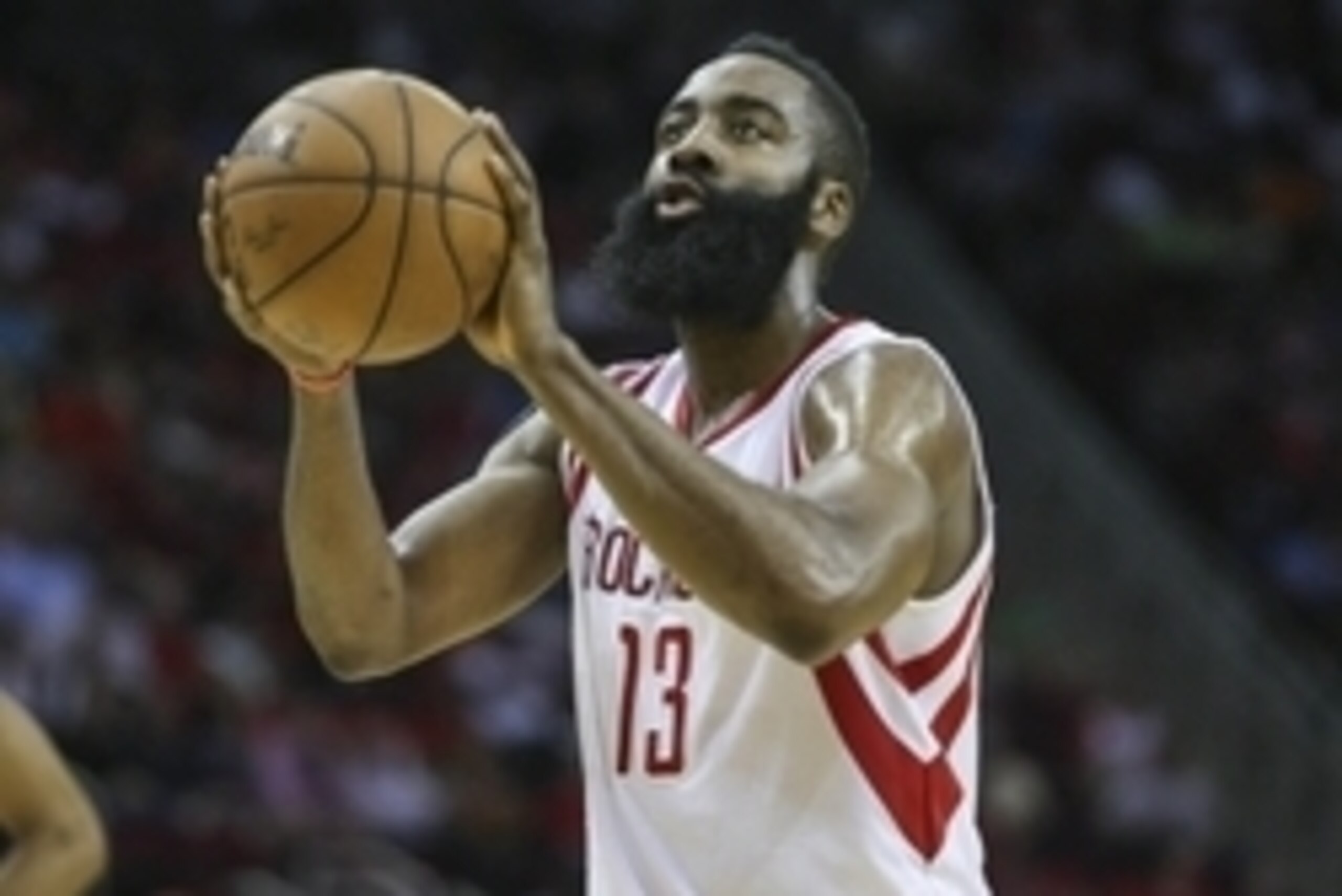Apr 15, 2015; Houston, TX, USA; Houston Rockets guard James Harden (13) attempts a free throw during the third quarter against the Utah Jazz at Toyota Center. Mandatory Credit: Troy Taormina-USA TODAY Sports