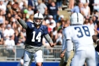 Apr 18, 2015; University Park, PA, USA; Penn State Nittany Lions quarterback Christian Hackenberg (14) passes the ball during the first quarter of the Blue White spring game at Beaver Stadium.  The Blue team won the game 17-7.  Mandatory Credit: Rich Barn