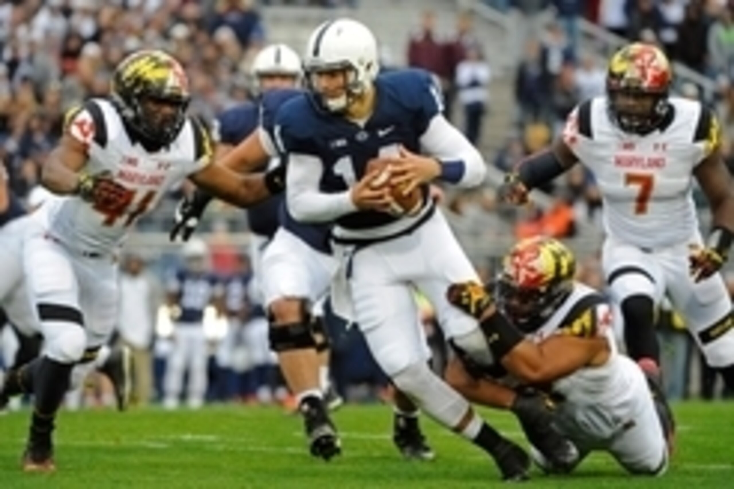 Nov 1, 2014; University Park, PA, USA; Penn State Nittany Lions quarterback Christian Hackenberg (14) is sacked by Maryland Terrapins defensive lineman Andre Monroe (93) during the first quarter at Beaver Stadium. Mandatory Credit: Rich Barnes-USA TODAY Nov 1, 2014; University Park, PA, USA; Penn State Nittany Lions quarterback Christian Hackenberg (14) is sacked by Maryland Terrapins defensive lineman Andre Monroe (93) during the first quarter at Beaver Stadium. Mandatory Credit: Rich Barnes-USA TODAY