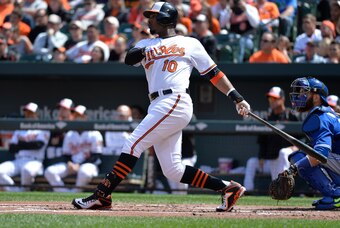 Apr 12, 2015; Baltimore, MD, USA; Baltimore Orioles center fielder Adam Jones (10) hits a two-run home run during the first inning against the Toronto Blue Jays at Oriole Park at Camden Yards. Mandatory Credit: Tommy Gilligan-USA TODAY Sports