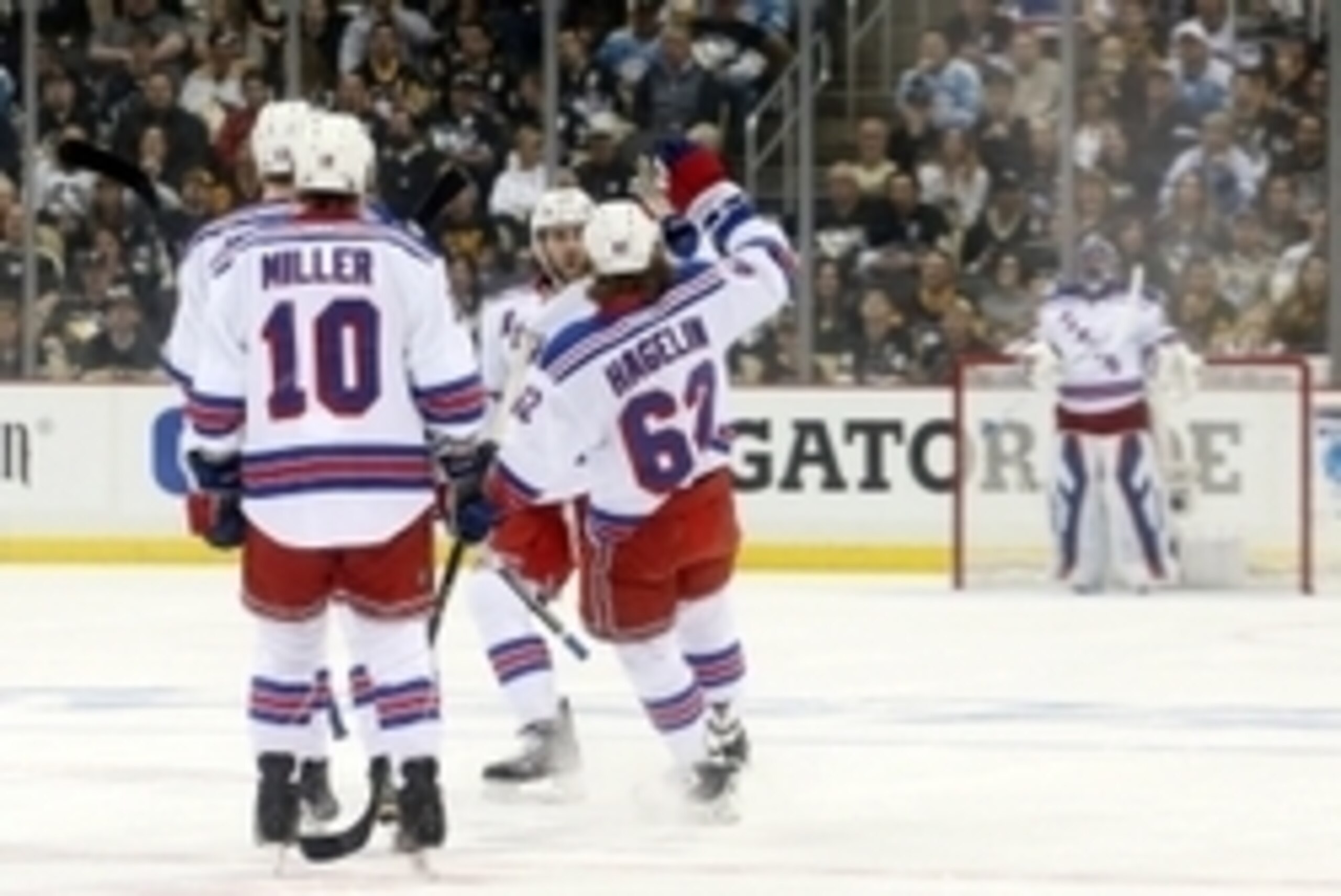 Apr 20, 2015; Pittsburgh, PA, USA; The New York Rangers celebrate a goal by left wing Carl Hagelin (62) against the Pittsburgh Penguins during the first period in game three of the first round of the 2015 Stanley Cup Playoffs at the CONSOL Energy Center. Apr 20, 2015; Pittsburgh, PA, USA; The New York Rangers celebrate a goal by left wing Carl Hagelin (62) against the Pittsburgh Penguins during the first period in game three of the first round of the 2015 Stanley Cup Playoffs at the CONSOL Energy Center.