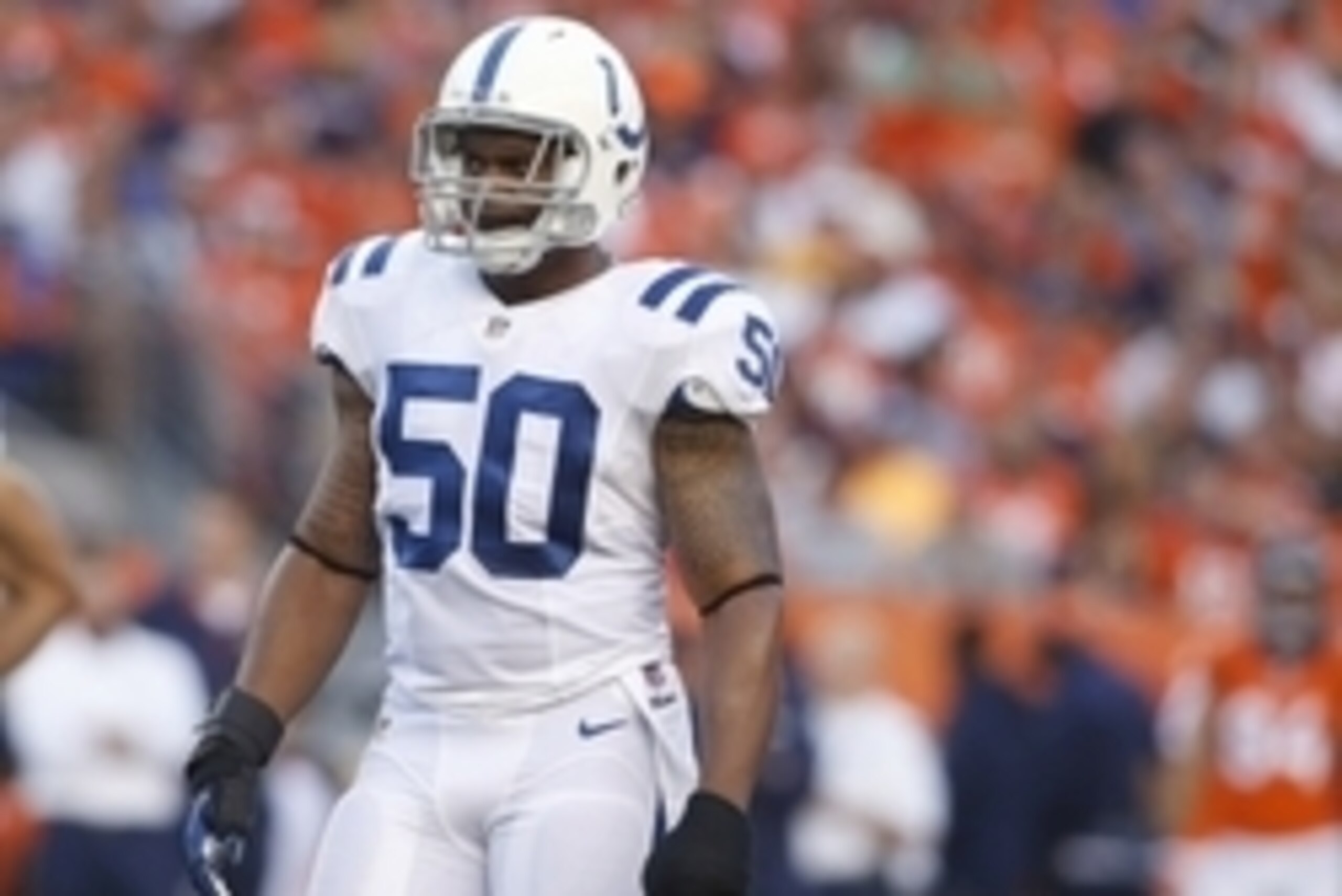 Sep 7, 2014; Denver, CO, USA; Indianapolis Colts linebacker Jerrell Freeman (50) during the game against the against the Denver Broncos at Sports Authority Field at Mile High. Mandatory Credit: Chris Humphreys-USA TODAY Sports Sep 7, 2014; Denver, CO, USA; Indianapolis Colts linebacker Jerrell Freeman (50) during the game against the against the Denver Broncos at Sports Authority Field at Mile High. Mandatory Credit: Chris Humphreys-USA TODAY Sports