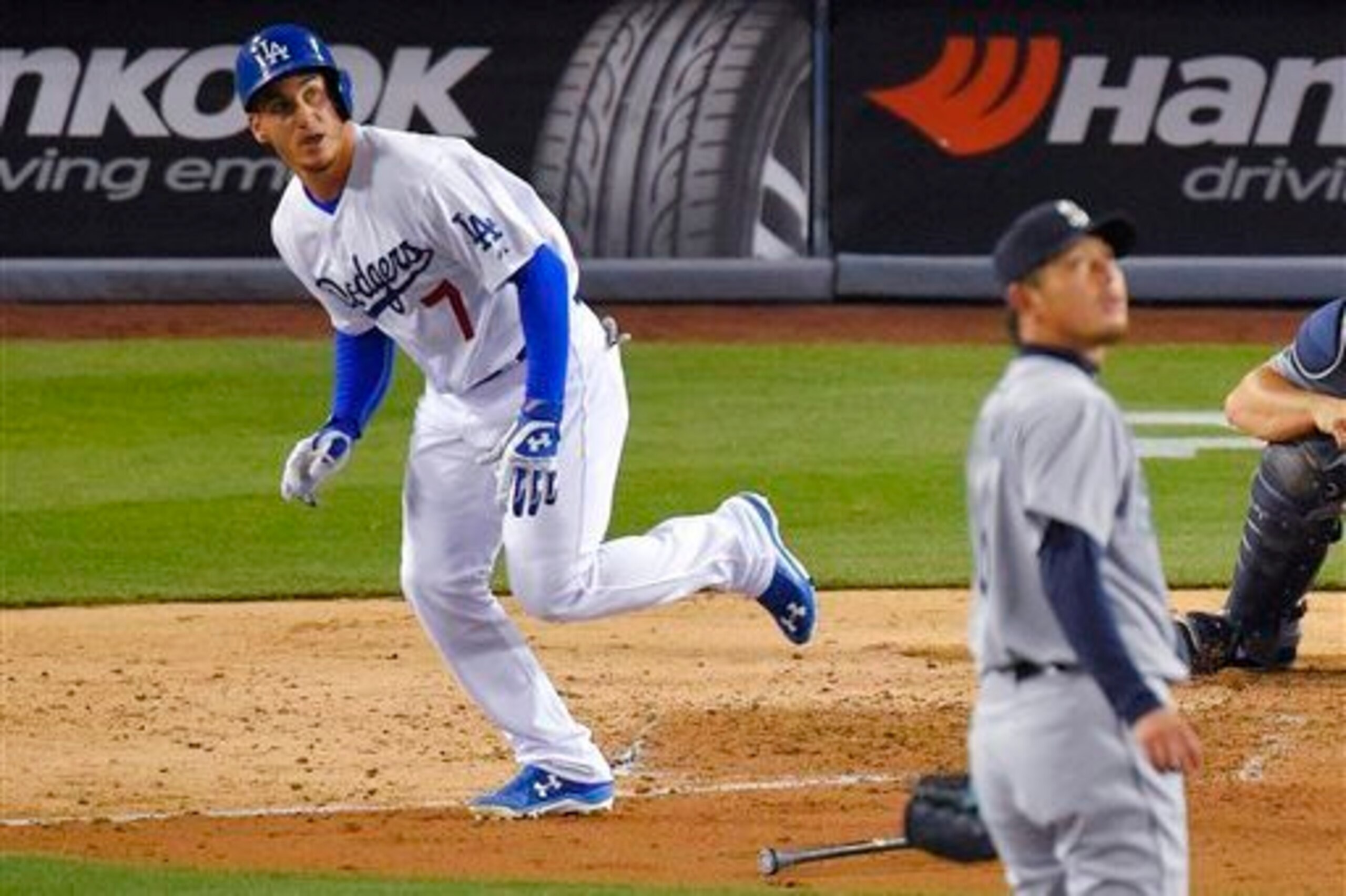 Alex Guerrero watches the flight of his pinch-hit home run last week against the Seattle Mariners.