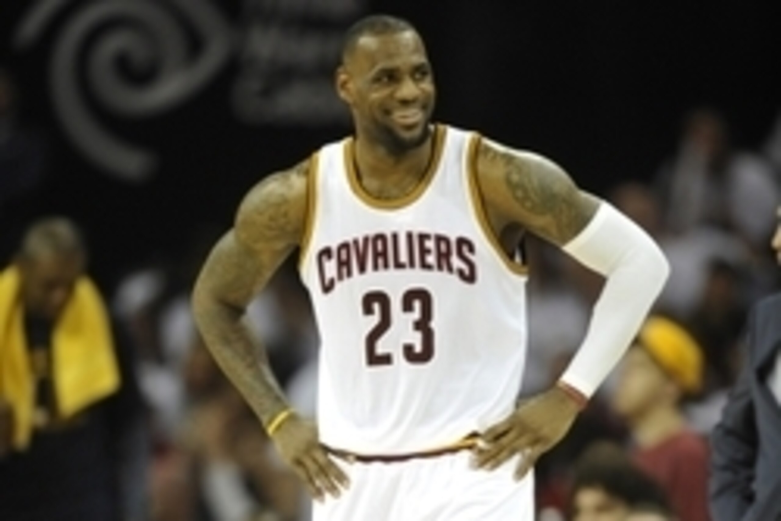 Apr 19, 2015; Cleveland, OH, USA; Cleveland Cavaliers forward LeBron James (23) reacts in the second quarter against the Boston Celtics in game one of the first round of the NBA Playoffs at Quicken Loans Arena. Mandatory Credit: David Richard-USA TODAY Sp