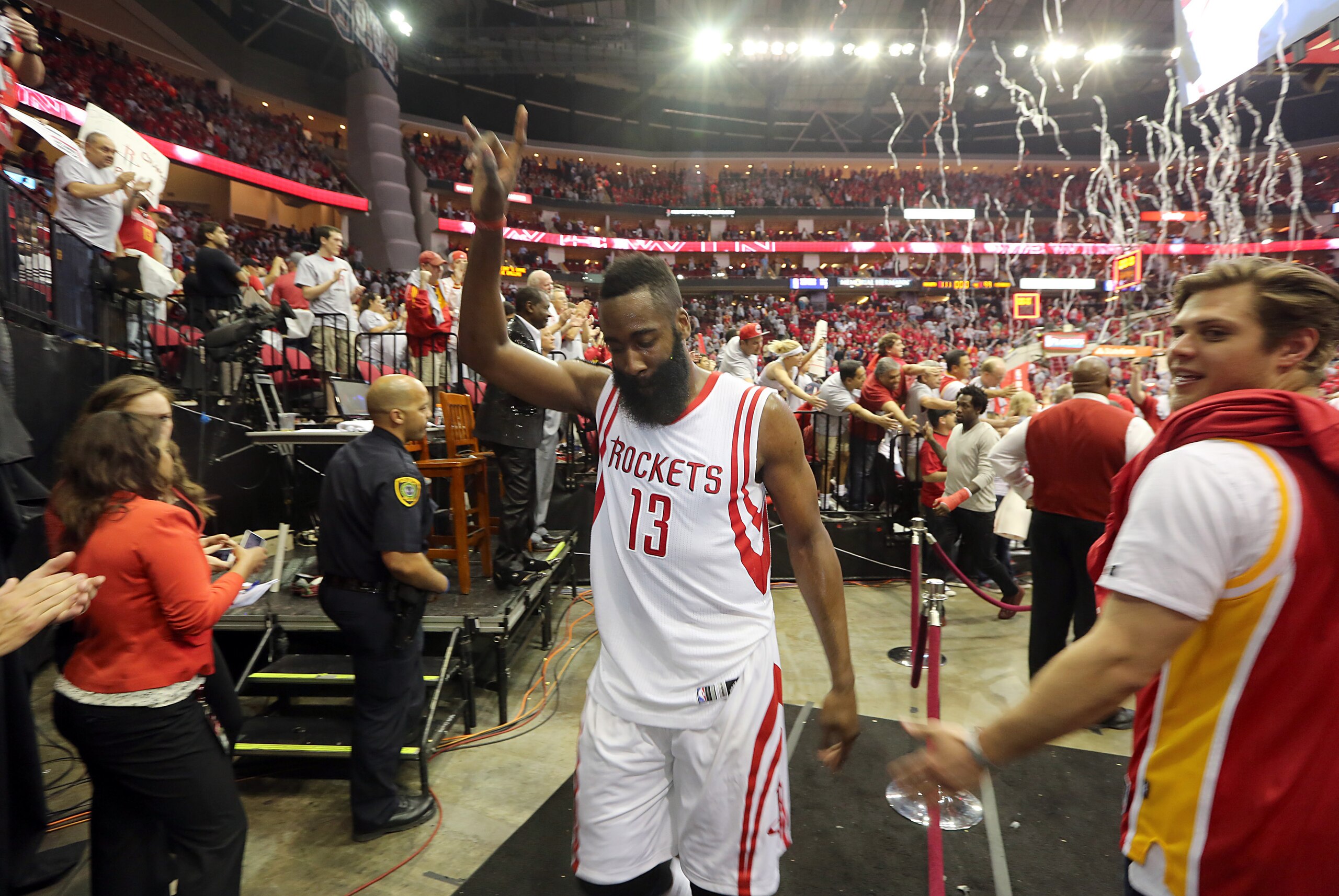 Apr 21, 2015; Houston, TX, USA; Houston Rockets guard James Harden (13) celebrates the win over the Dallas Mavericks in game two of the first round of the NBA Playoffs at Toyota Center. Rockets won 111 to 99. Mandatory Credit: Thomas B. Shea-USA TODAY Spo
