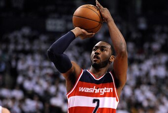 Apr 21, 2015; Toronto, Ontario, CAN; Washington Wizards guard John Wall (2) takes a free throw after a call of unsportsmanlike behavior on Toronto Raptors head coach Dwane Casey (not in picture) in the third quarter in game two of the first round of the N
