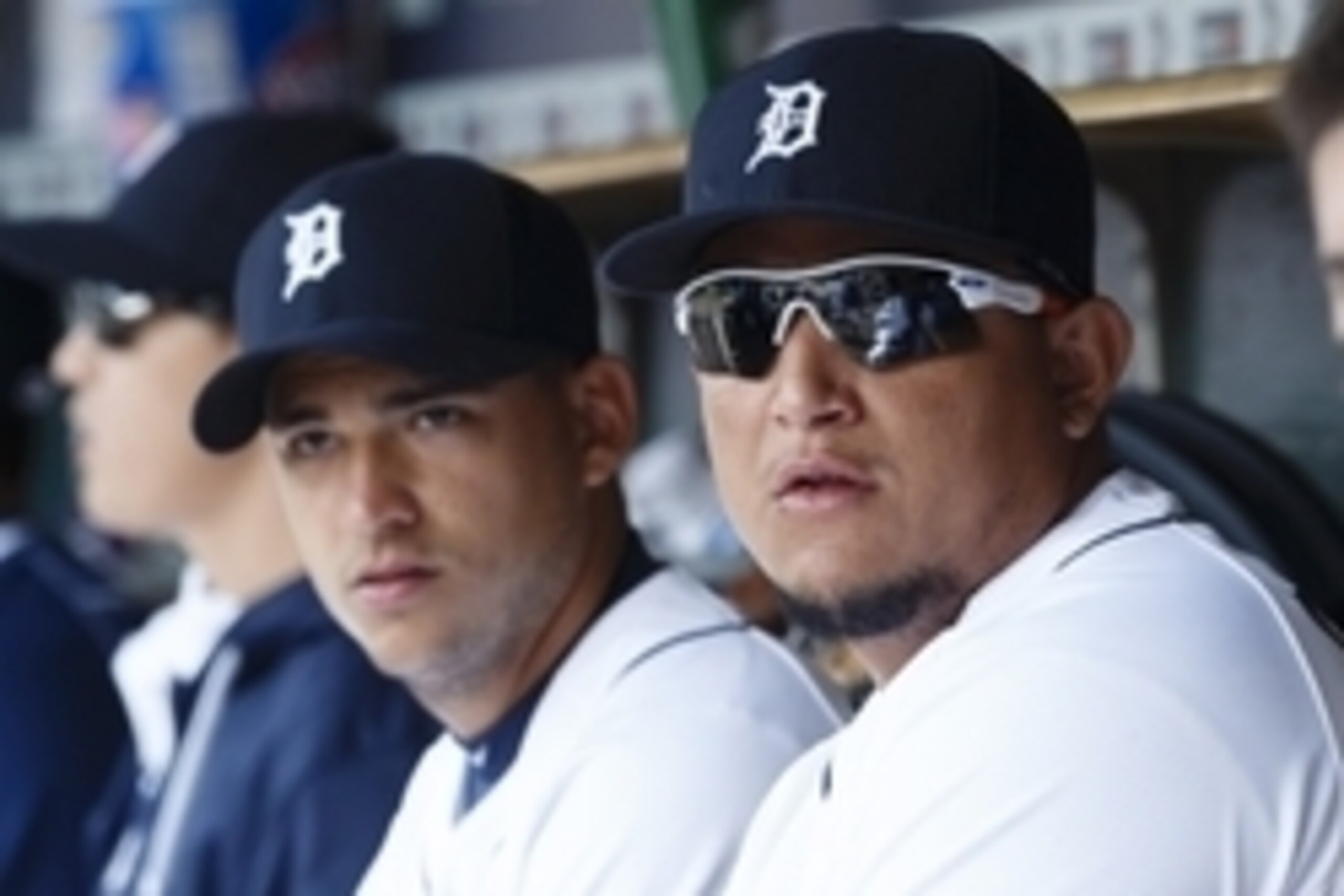 Apr 19, 2015; Detroit, MI, USA; Detroit Tigers shortstop Jose Iglesias (left) and first baseman Miguel Cabrera (right) sit in dugout before the game against the Chicago White Sox at Comerica Park. Mandatory Credit: Rick Osentoski-USA TODAY Sports Apr 19, 2015; Detroit, MI, USA; Detroit Tigers shortstop Jose Iglesias (left) and first baseman Miguel Cabrera (right) sit in dugout before the game against the Chicago White Sox at Comerica Park. Mandatory Credit: Rick Osentoski-USA TODAY Sports