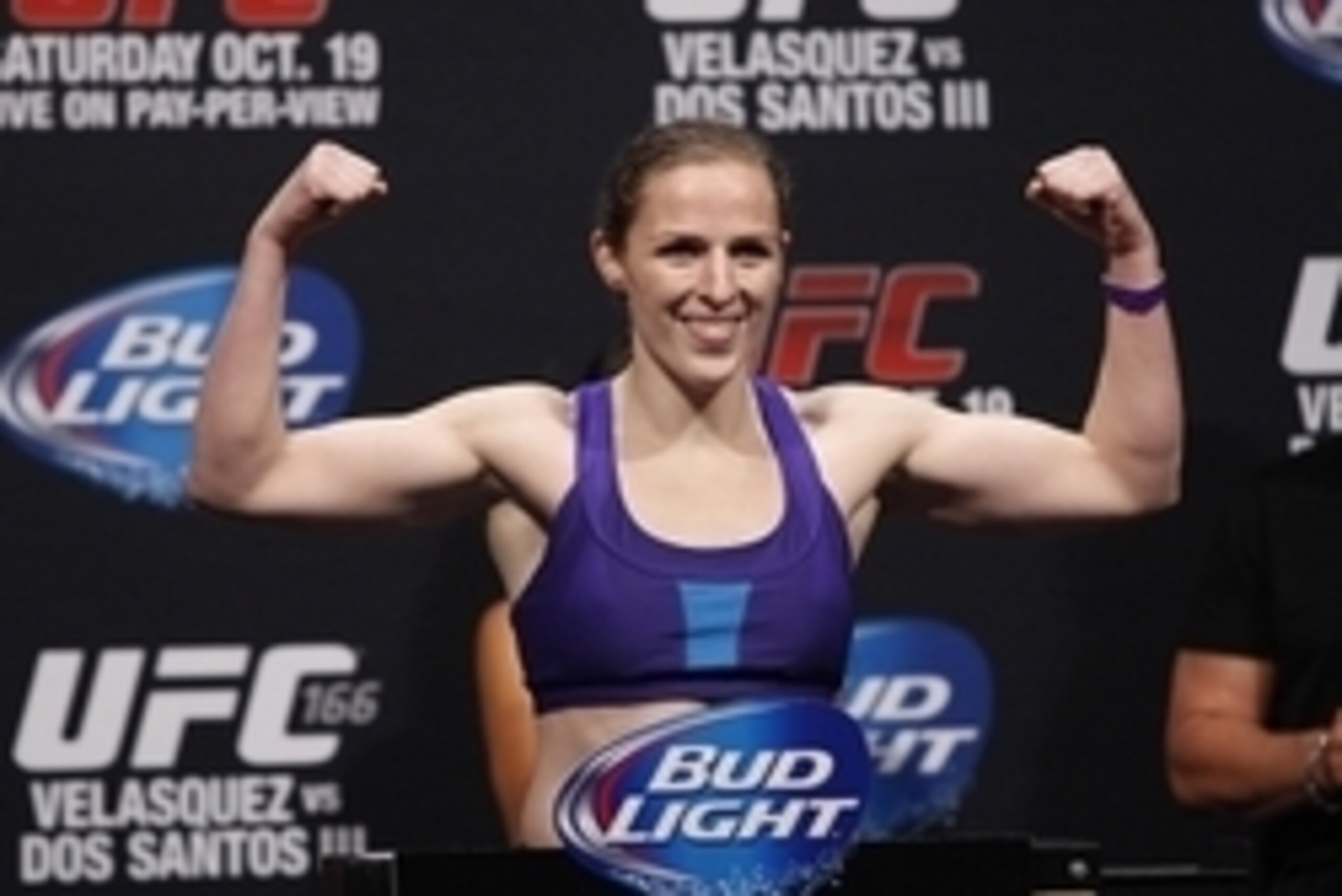 Oct 18, 2013; Houston, TX, USA; Sarah Kaufman during the weigh-in for UFC 166 at Toyota Center. Mandatory Credit: Andrew Richardson-USA TODAY Sports