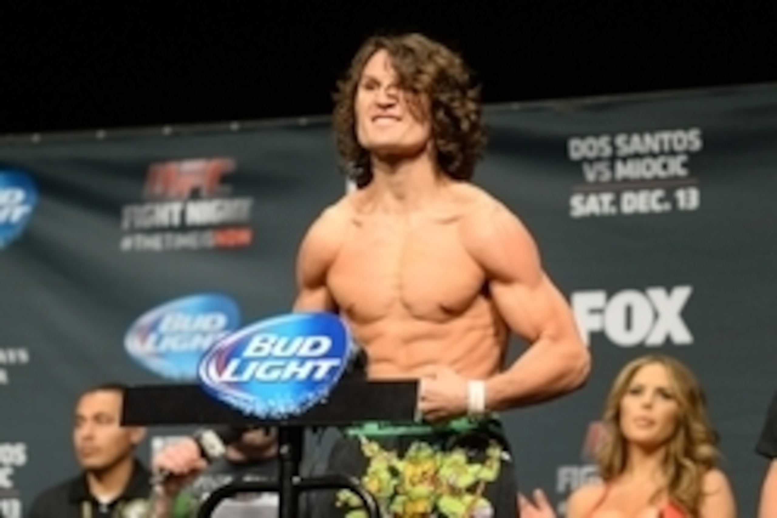 Dec 12, 2014; Phoenix, AZ, USA; David Michaud weighs in for his bout against Garett Whiteley (not pictured) during weigh-ins for UFC Fight Night at Phoenix Convention Center. Mandatory Credit: Joe Camporeale-USA TODAY Sports