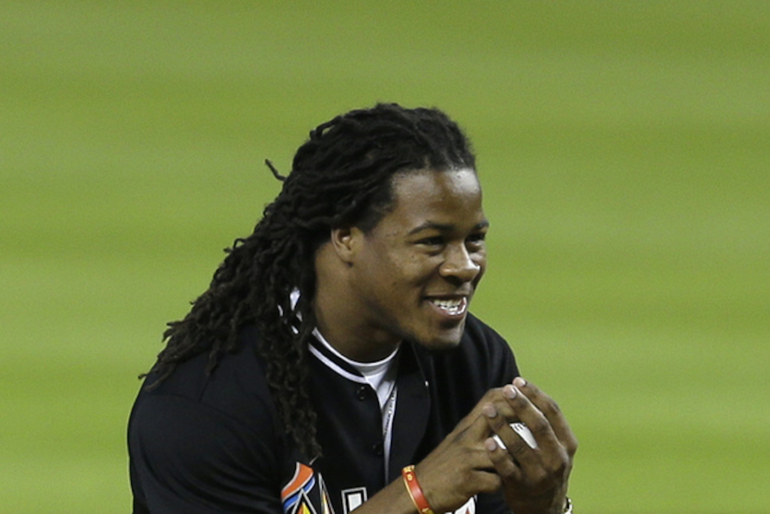 Atlanta Falcons running back Devonta Freeman returns home to throw out the first pitch at a Marlins game. Atlanta Falcons running back Devonta Freeman returns home to throw out the first pitch at a Marlins game.