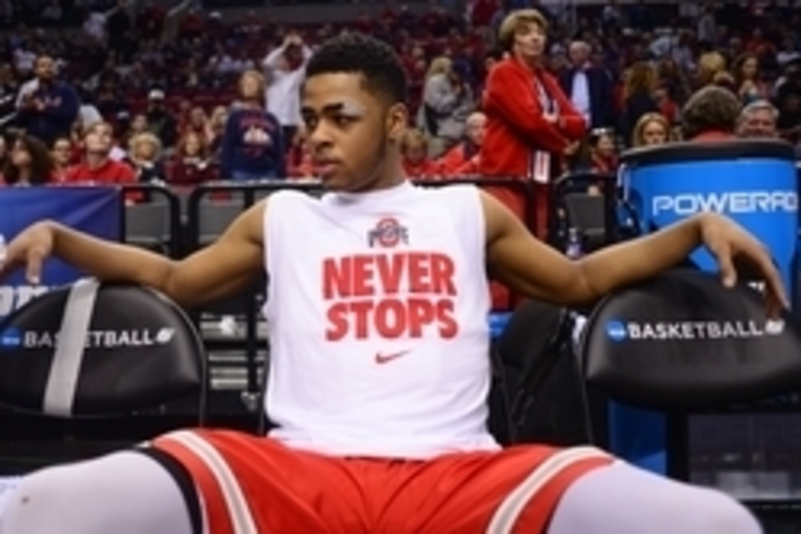 Mar 21, 2015; Portland, OR, USA; Ohio State Buckeyes guard D'Angelo Russell (0) sits on the bench before the game against the Arizona Wildcats in the third round of the 2015 NCAA Tournament at Moda Center. Mandatory Credit: Godofredo Vasquez-USA TODAY Spo
