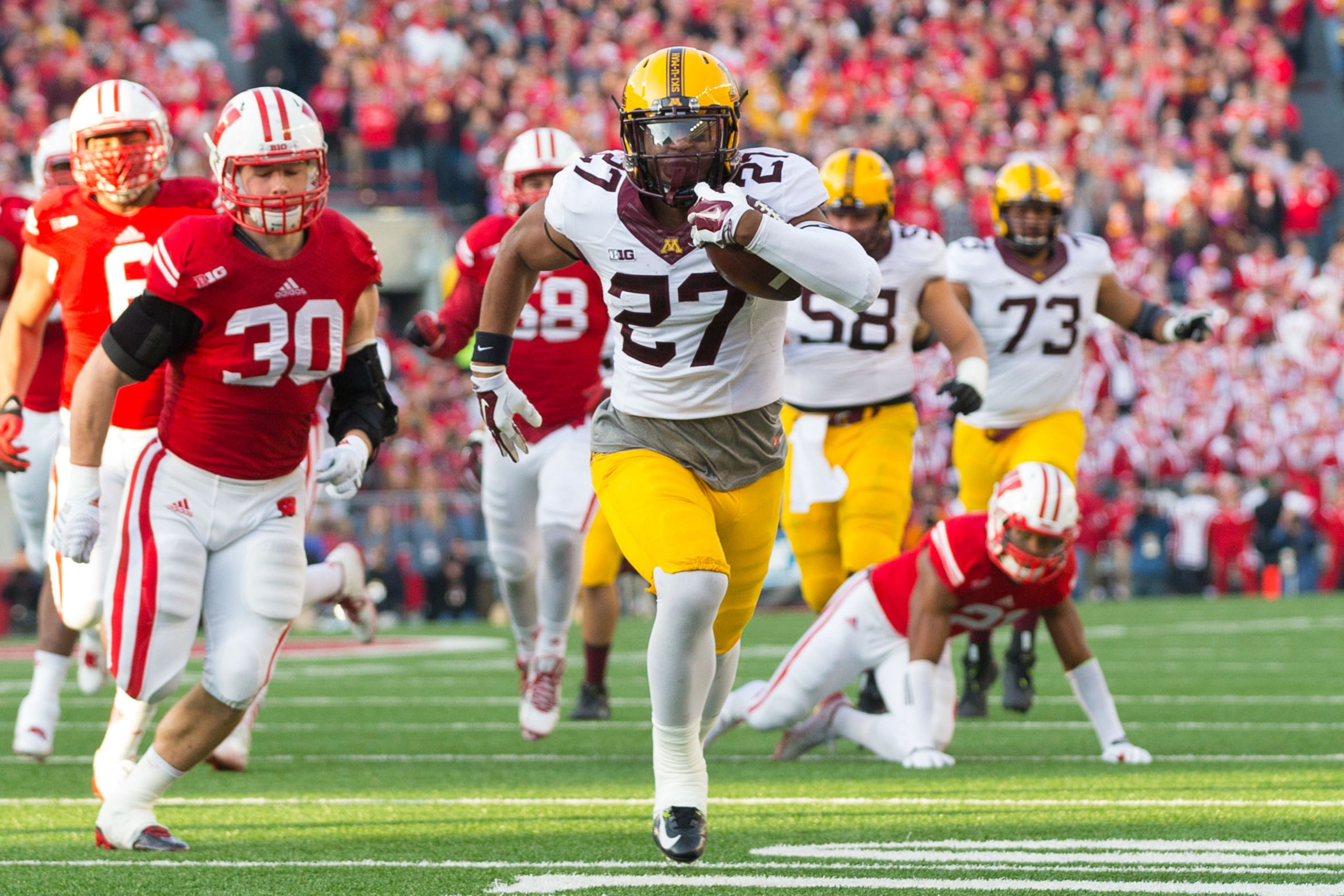 Nov 29, 2014; Madison, WI, USA; Minnesota Golden Gophers running back David Cobb (27) during the game against the Wisconsin Badgers at Camp Randall Stadium. Wisconsin won 34-24.  Mandatory Credit: Jeff Hanisch-USA TODAY Sports