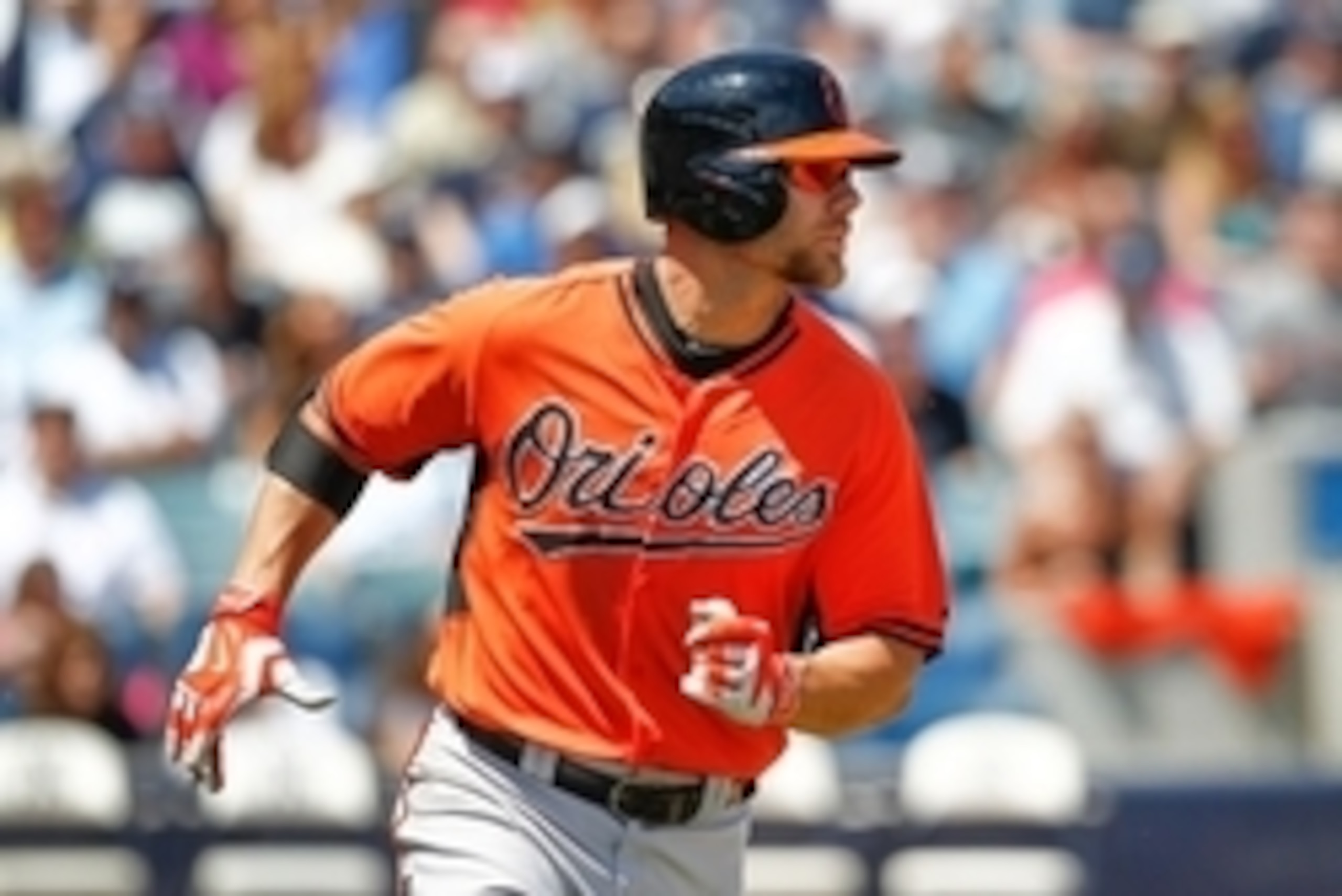 Mar 28, 2015; Tampa, FL, USA; Baltimore Orioles first baseman Chris Davis (19) runs to first during the third inning of a spring training baseball game against the New York Yankees at George M. Steinbrenner Field. Mandatory Credit: Reinhold Matay-USA TODA