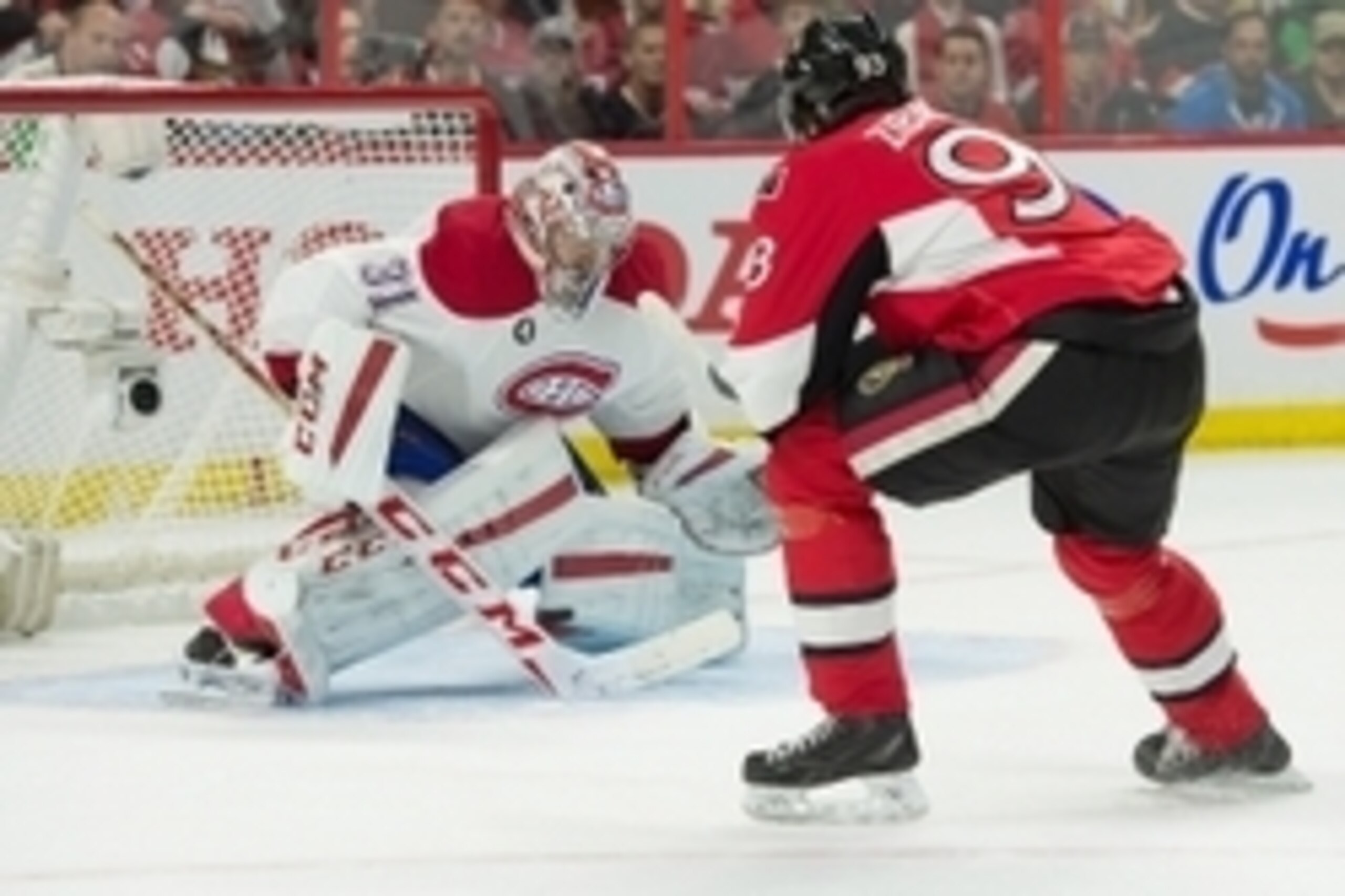 Apr 22, 2015; Ottawa, Ontario, CAN; Montreal Canadiens goalie Carey Price (31) makes a save on a shot by Ottawa Senators center Mika Zibanejad (93) in game four of the first round of the 2015 Stanley Cup Playoffs at Canadian Tire Centre. Mandatory Credit: Apr 22, 2015; Ottawa, Ontario, CAN; Montreal Canadiens goalie Carey Price (31) makes a save on a shot by Ottawa Senators center Mika Zibanejad (93) in game four of the first round of the 2015 Stanley Cup Playoffs at Canadian Tire Centre. Mandatory Credit: