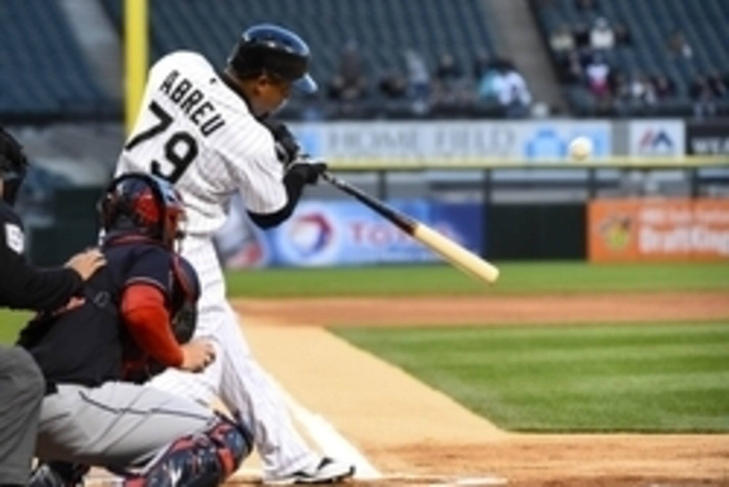 Apr 21, 2015; Chicago, IL, USA; Chicago White Sox first baseman Jose Abreu (79) hits a home run against Cleveland Indians starting pitcher Carlos Carrasco (not pictured) during the first inning at U.S Cellular Field. Mandatory Credit: Mike DiNovo-USA TODA