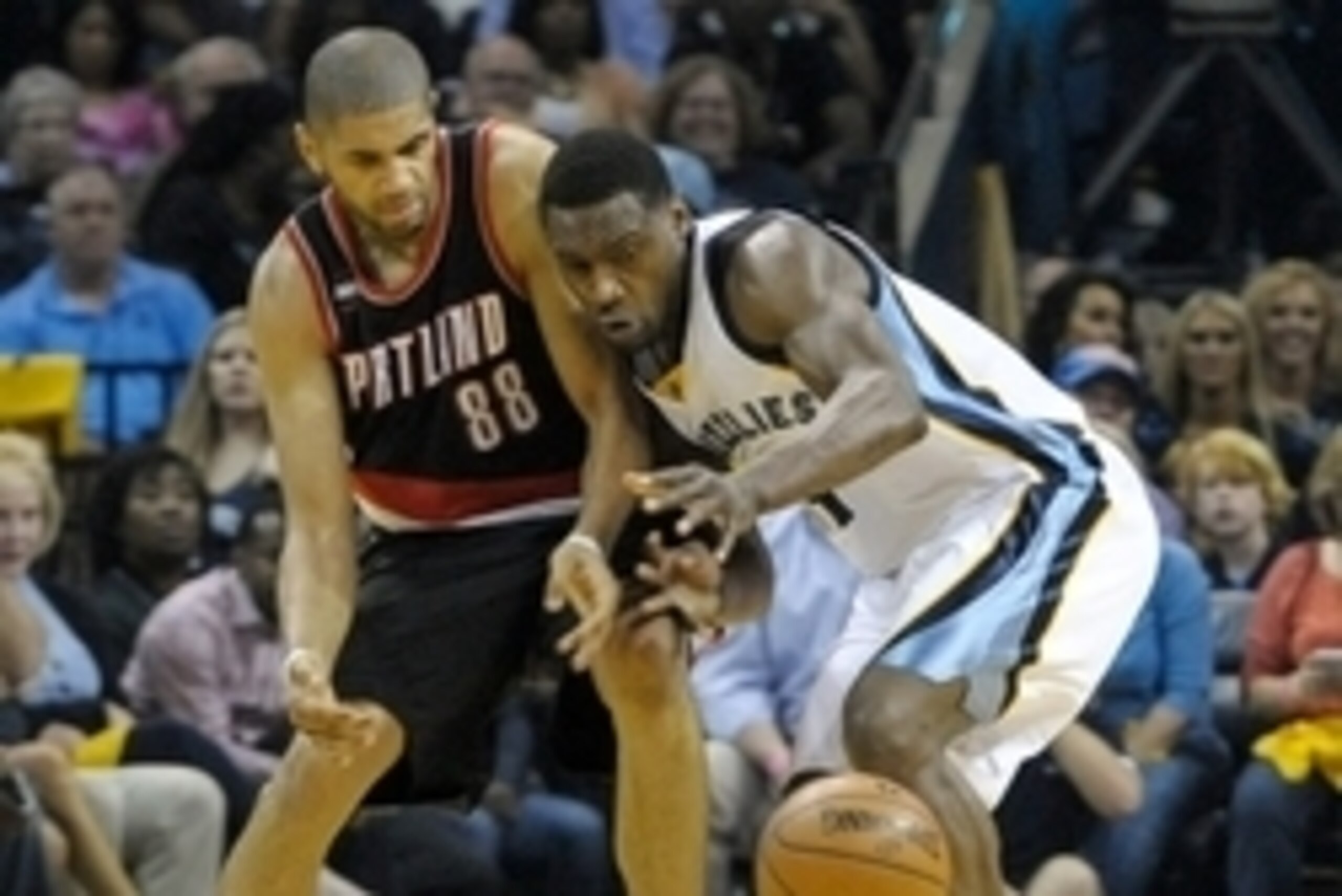 Apr 22, 2015; Memphis, TN, USA; Memphis Grizzlies forward Tony Allen (9) steals the ball from Portland Trail Blazers forward Nicolas Batum (88) during game two of the first round of the NBA Playoffs at FedExForum. Mandatory Credit: Justin Ford-USA TODAY S