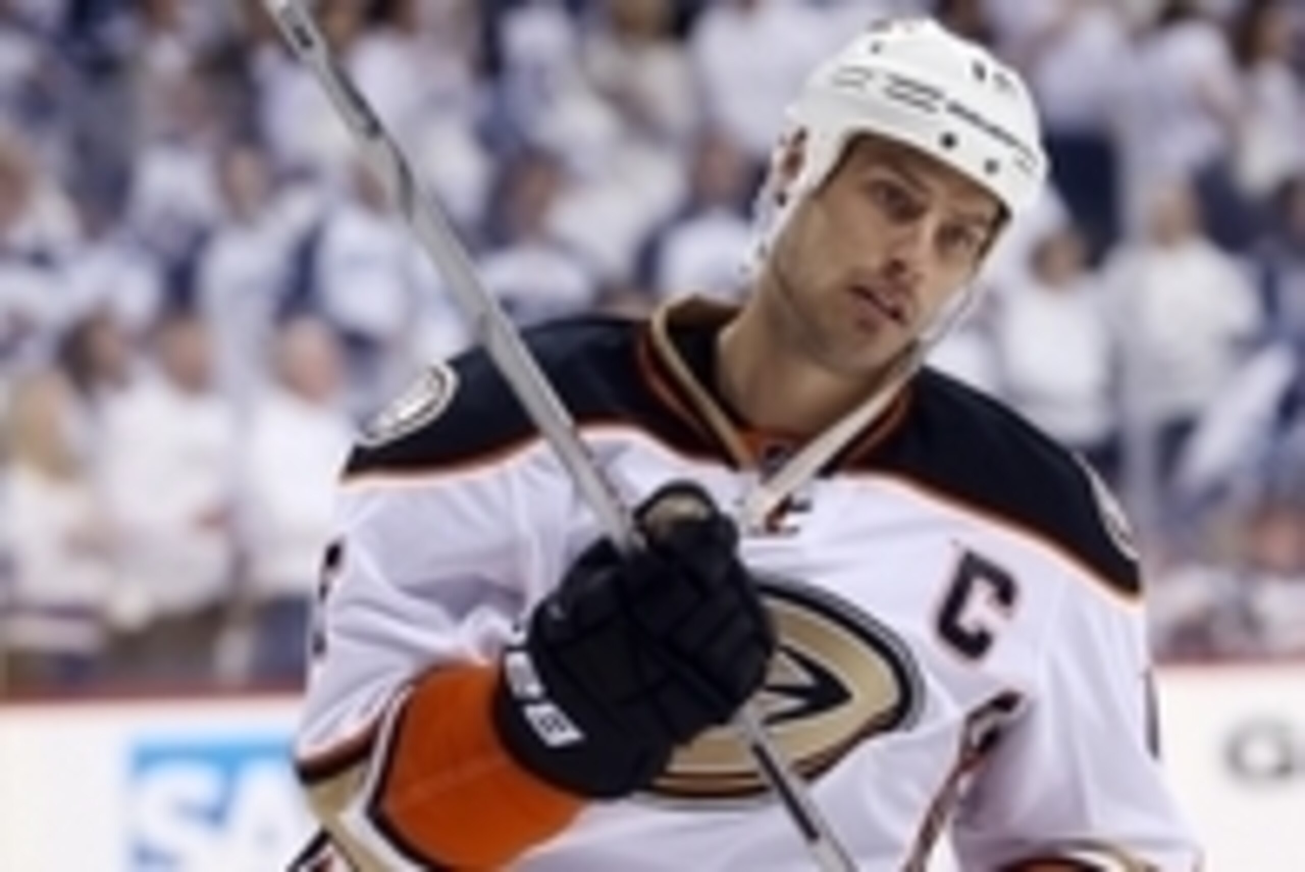 Apr 20, 2015; Winnipeg, Manitoba, CAN; Anaheim Ducks center Ryan Getzlaf (15) prior to the game against the Winnipeg Jets in game three of the first round of the 2015 Stanley Cup Playoffs at MTS Centre. Mandatory Credit: Bruce Fedyck-USA TODAY Sports