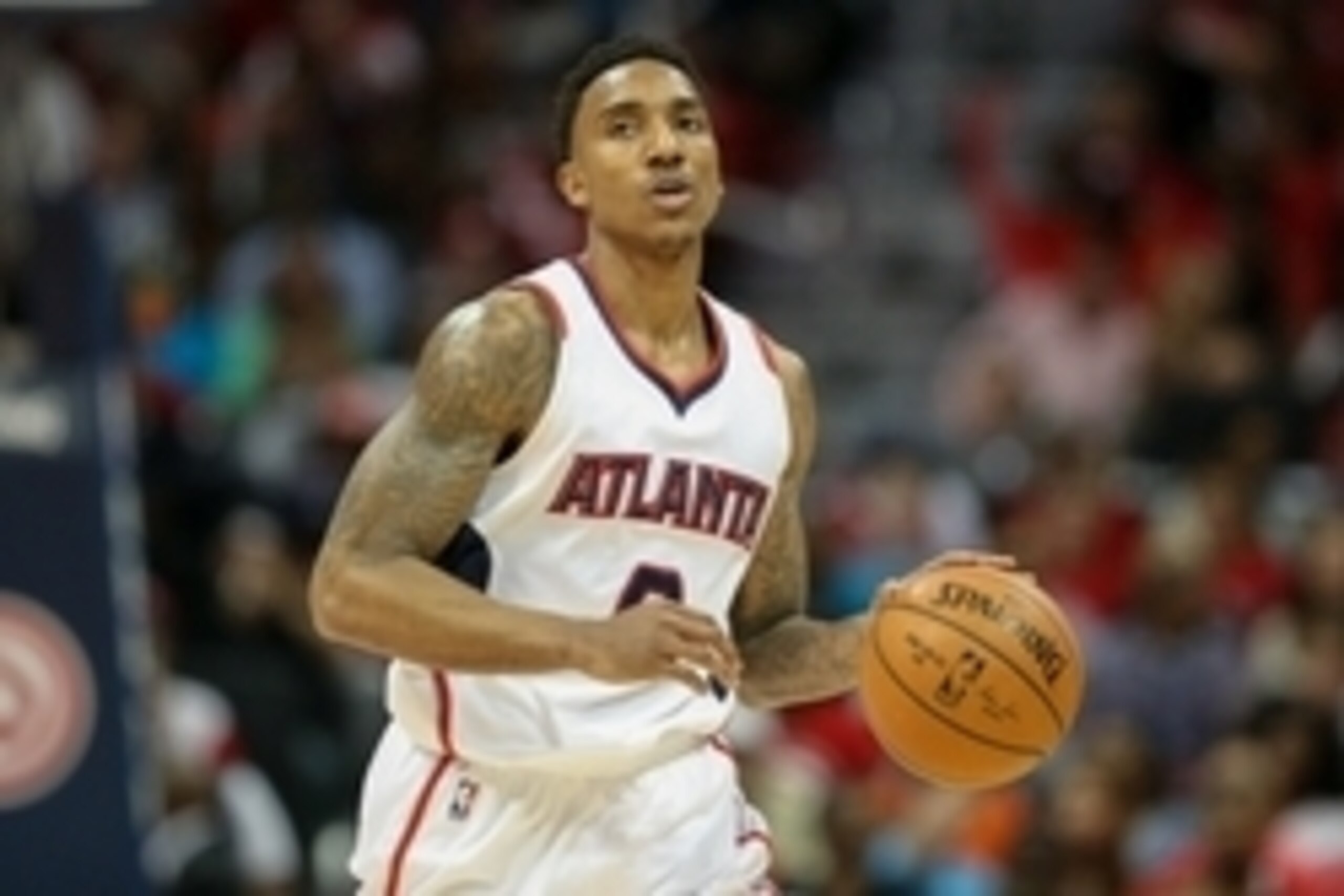 Apr 22, 2015; Atlanta, GA, USA; Atlanta Hawks guard Jeff Teague (0) in action during the fourth quarter of game two of the first round of the NBA Playoffs against the Brooklyn Nets at Philips Arena. The Hawks won 96-91. Mandatory Credit: Kevin Liles-USA T