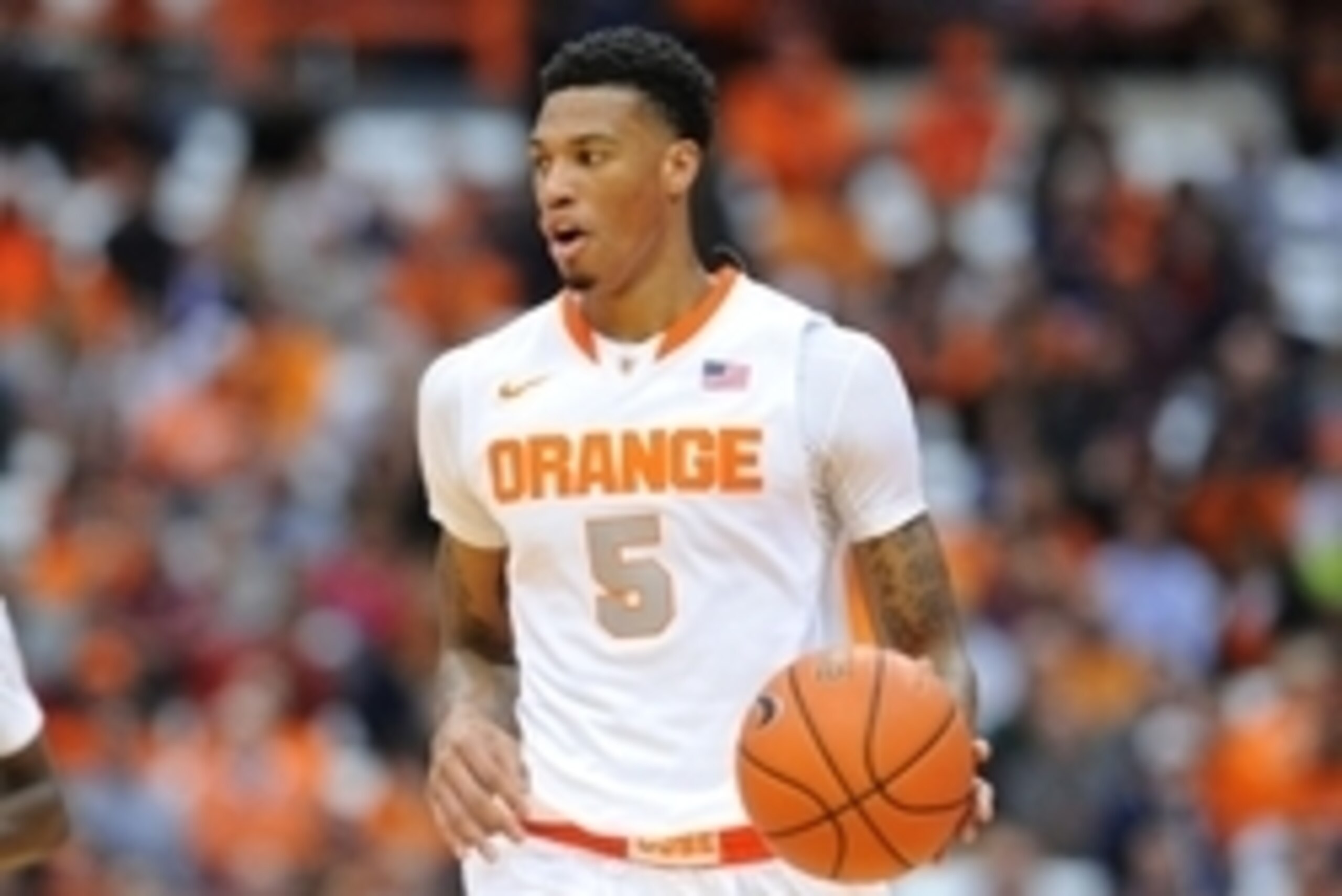 Nov 25, 2014; Syracuse, NY, USA; Syracuse Orange forward Chris McCullough (5) dribbles the ball up the court against the Loyola (Md) Greyhounds during the second half at the Carrier Dome. Syracuse defeated Loyola 70-37. Mandatory Credit: Rich Barnes-USA Nov 25, 2014; Syracuse, NY, USA; Syracuse Orange forward Chris McCullough (5) dribbles the ball up the court against the Loyola (Md) Greyhounds during the second half at the Carrier Dome. Syracuse defeated Loyola 70-37. Mandatory Credit: Rich Barnes-USA