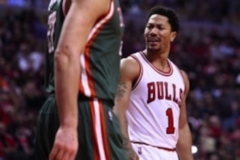 Apr 20, 2015; Chicago, IL, USA; Chicago Bulls guard Derrick Rose (1) reacts against the Milwaukee Bucks during the second half in game two of the first round of the 2015 NBA Playoffs at the United Center. The Chicago Bulls defeat the Milwaukee Bucks 92-81