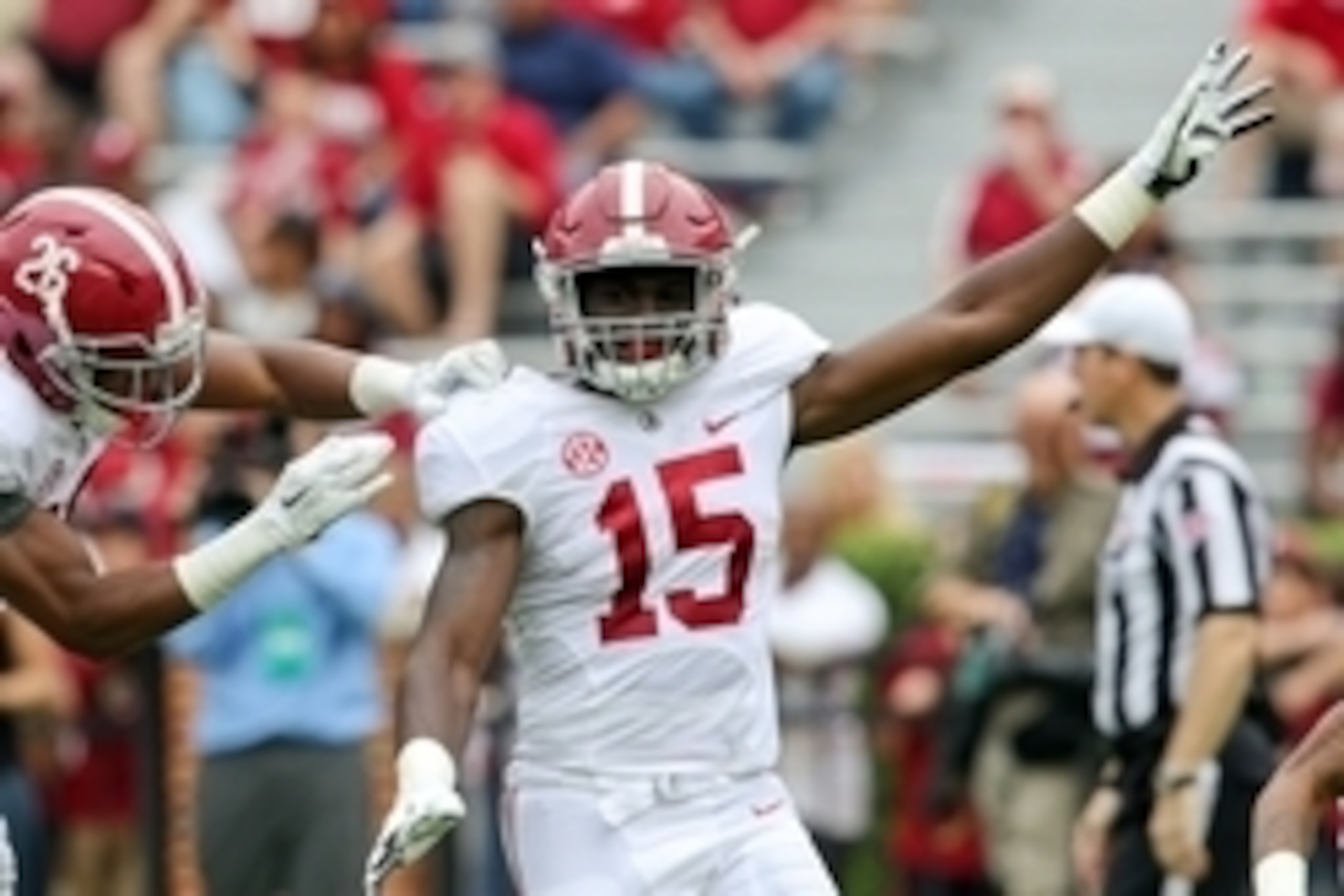 Apr 18, 2015; Tuscaloosa, AL, USA; Alabama Crimson Tide defensive back Ronnie Harrison (15) reacts after the made an interception during the white team at Bryant Denny Stadium. Mandatory Credit: Marvin Gentry-USA TODAY Sports