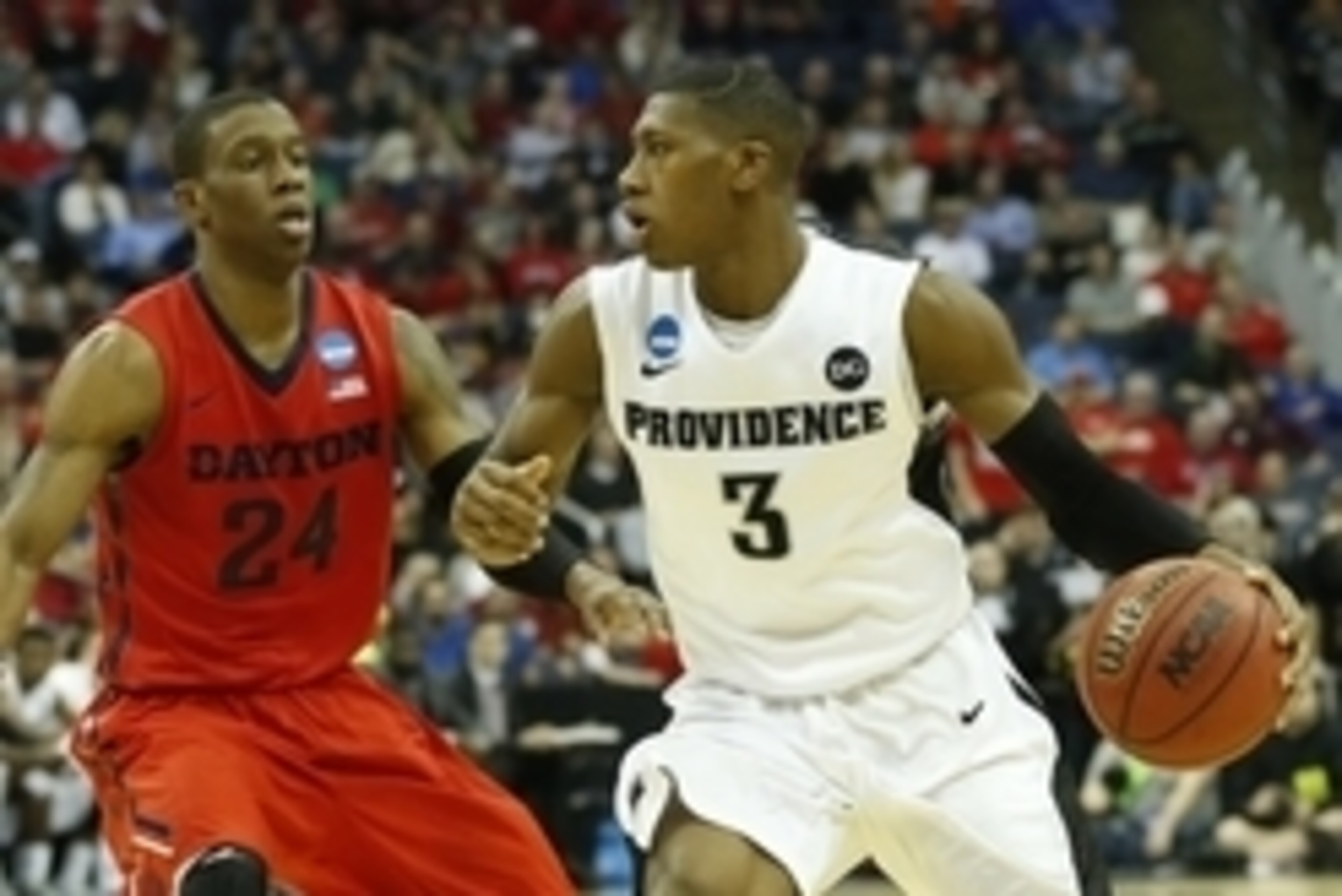 Mar 20, 2015; Columbus, OH, USA; Providence Friars guard Kris Dunn (3) dribbles while guarded by Dayton Flyers guard Jordan Sibert (24) during the first half in the second round of the 2015 NCAA Tournament at Nationwide Arena. Mandatory Credit: Greg Bartr Mar 20, 2015; Columbus, OH, USA; Providence Friars guard Kris Dunn (3) dribbles while guarded by Dayton Flyers guard Jordan Sibert (24) during the first half in the second round of the 2015 NCAA Tournament at Nationwide Arena. Mandatory Credit: Greg Bartr