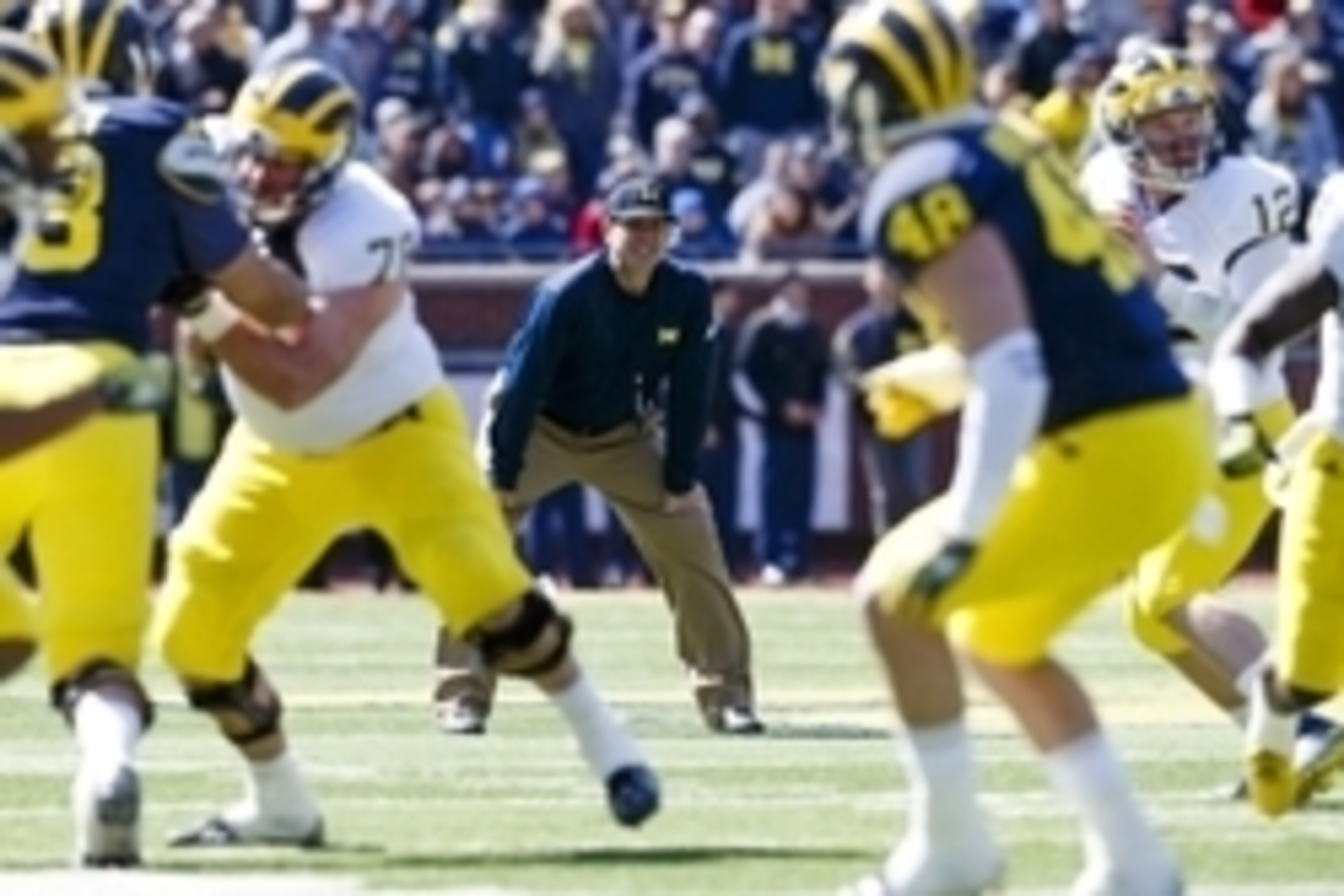 Apr 4, 2015; Ann Arbor, MI, USA; Michigan Wolverines head coach Jim Harbaugh is seen during the Spring football game at Michigan Stadium. Mandatory Credit: Rick Osentoski-USA TODAY Sports
