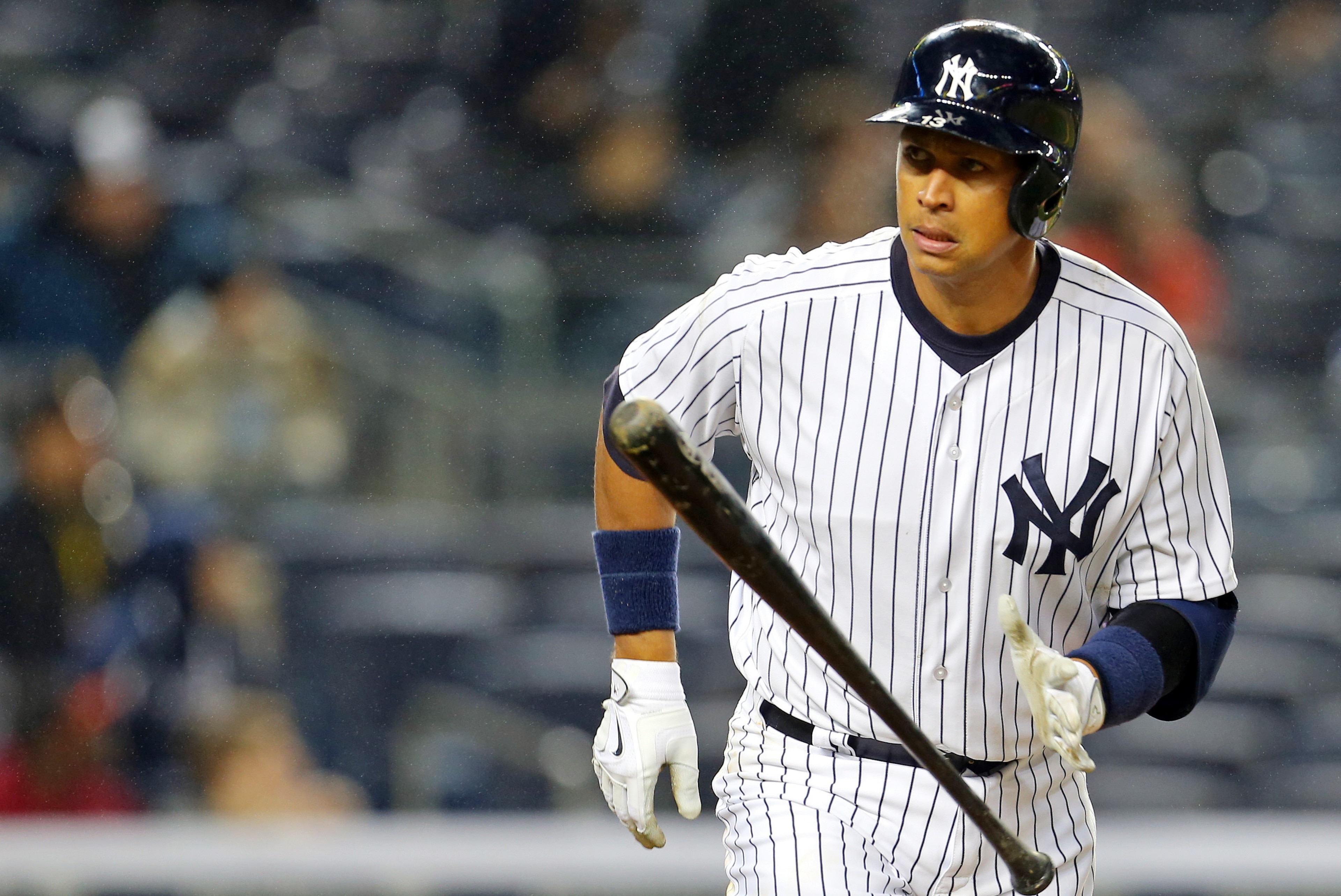 Apr 9, 2015; Bronx, NY, USA; New York Yankees designated hitter Alex Rodriguez (13) reacts after hitting a solo home run against the Toronto Blue Jays during the sixth inning at Yankee Stadium. Mandatory Credit: Adam Hunger-USA TODAY Sports