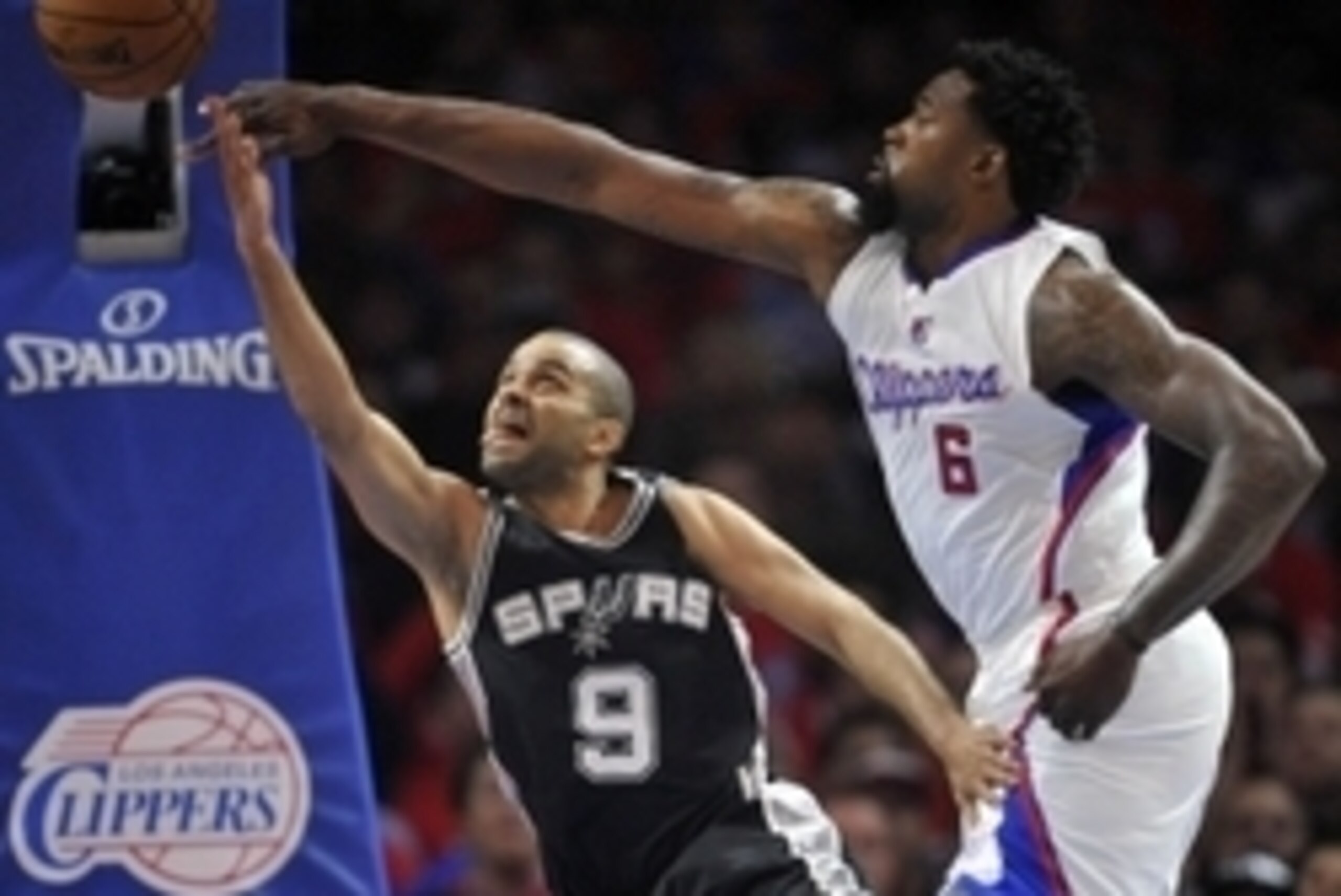 April 22, 2015; Los Angeles, CA, USA; Los Angeles Clippers center DeAndre Jordan (6) blocks a scoring attempt by San Antonio Spurs guard Tony Parker (9) during the first half in game two of the first round of the NBA Playoffs. at Staples Center. Mandatory April 22, 2015; Los Angeles, CA, USA; Los Angeles Clippers center DeAndre Jordan (6) blocks a scoring attempt by San Antonio Spurs guard Tony Parker (9) during the first half in game two of the first round of the NBA Playoffs. at Staples Center. Mandatory
