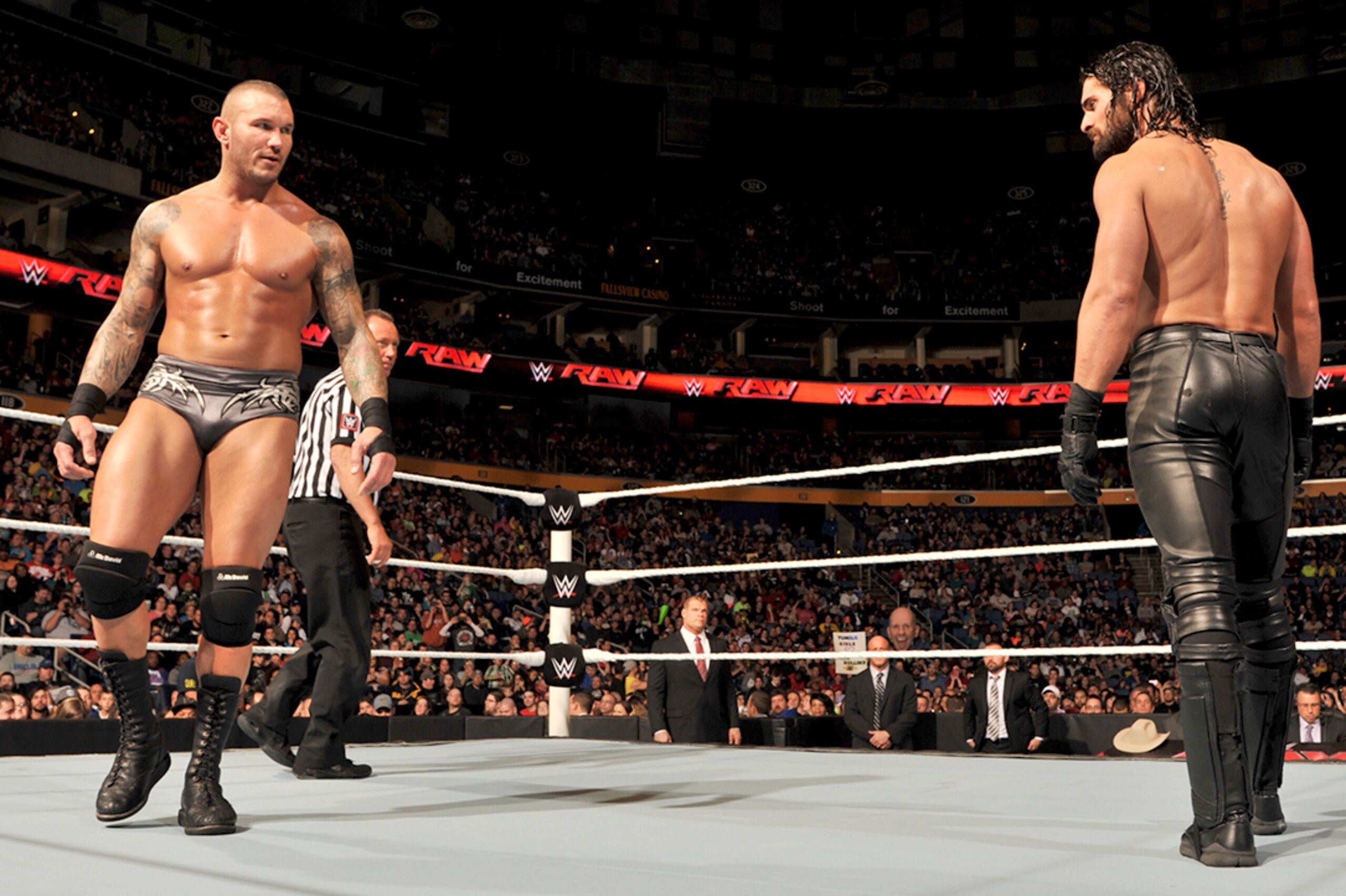 Randy Orton stares down Seth Rollins.