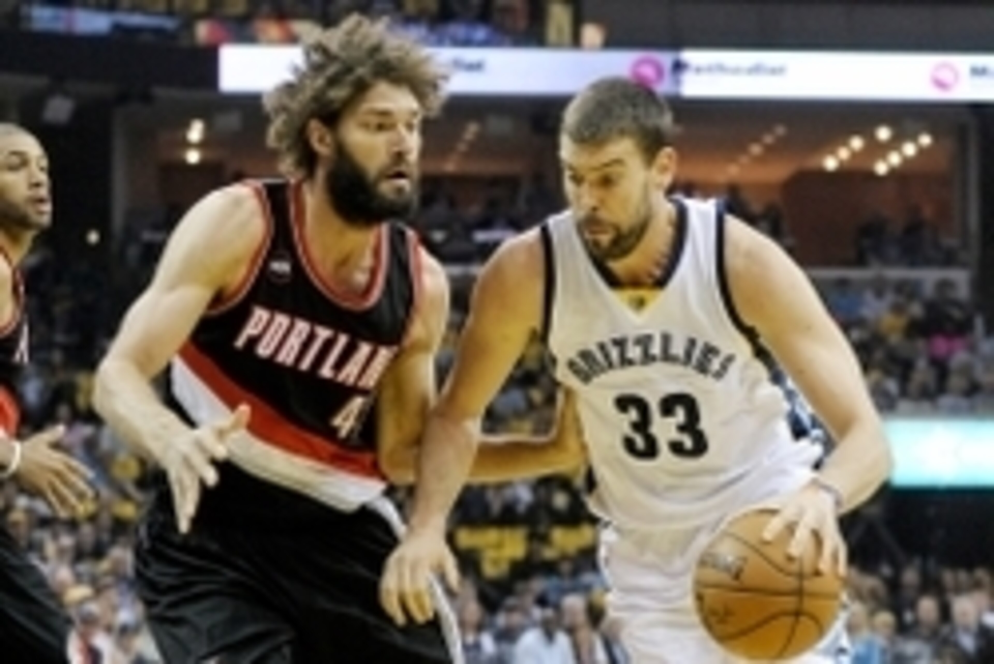 Apr 22, 2015; Memphis, TN, USA; Memphis Grizzlies center Marc Gasol (33) drives to the basket against Portland Trail Blazers center Robin Lopez (42) in game two of the first round of the NBA Playoffs at FedExForum. Mandatory Credit: Justin Ford-USA TODAY 