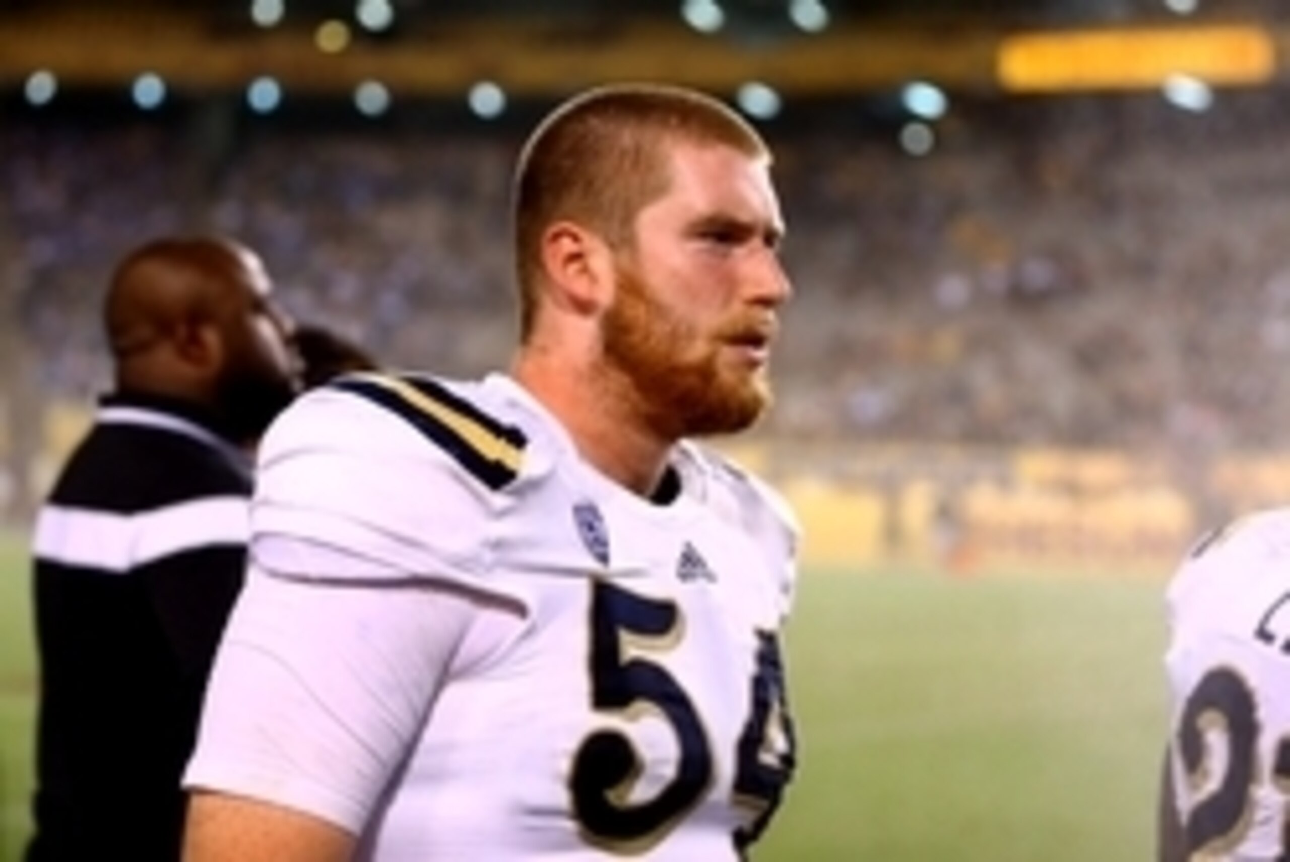 Sep 25, 2014; Tempe, AZ, USA; UCLA Bruins offensive lineman Jake Brendel (54) against the Arizona State Sun Devils at Sun Devil Stadium. Mandatory Credit: Mark J. Rebilas-USA TODAY Sports