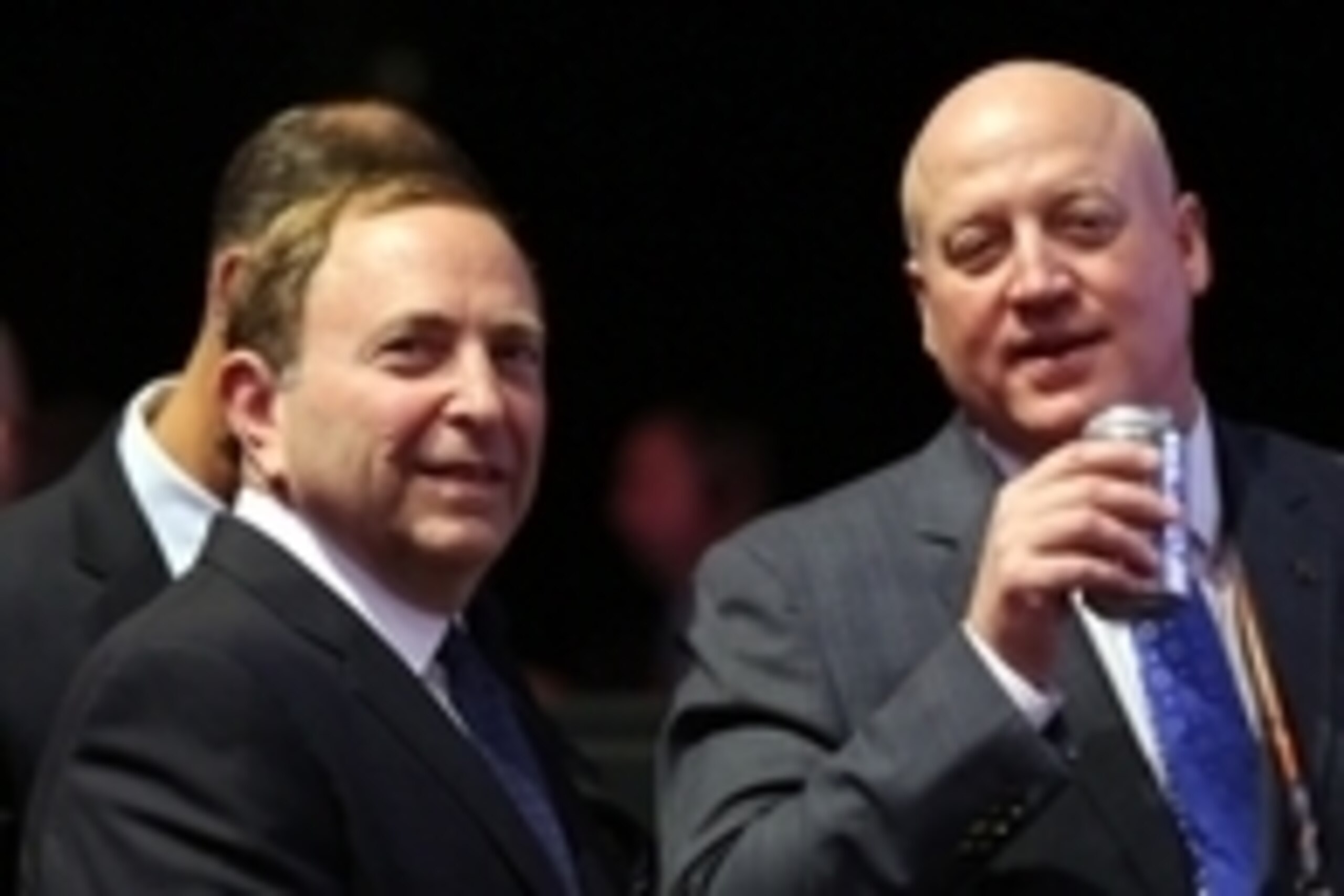 Jun 27, 2014; Philadelphia, PA, USA; NHL commissioner Gary Bettman (left) with deputy commissioner Bill Daly before first round of the 2014 NHL Draft at Wells Fargo Center. Mandatory Credit: Bill Streicher-USA TODAY Sports