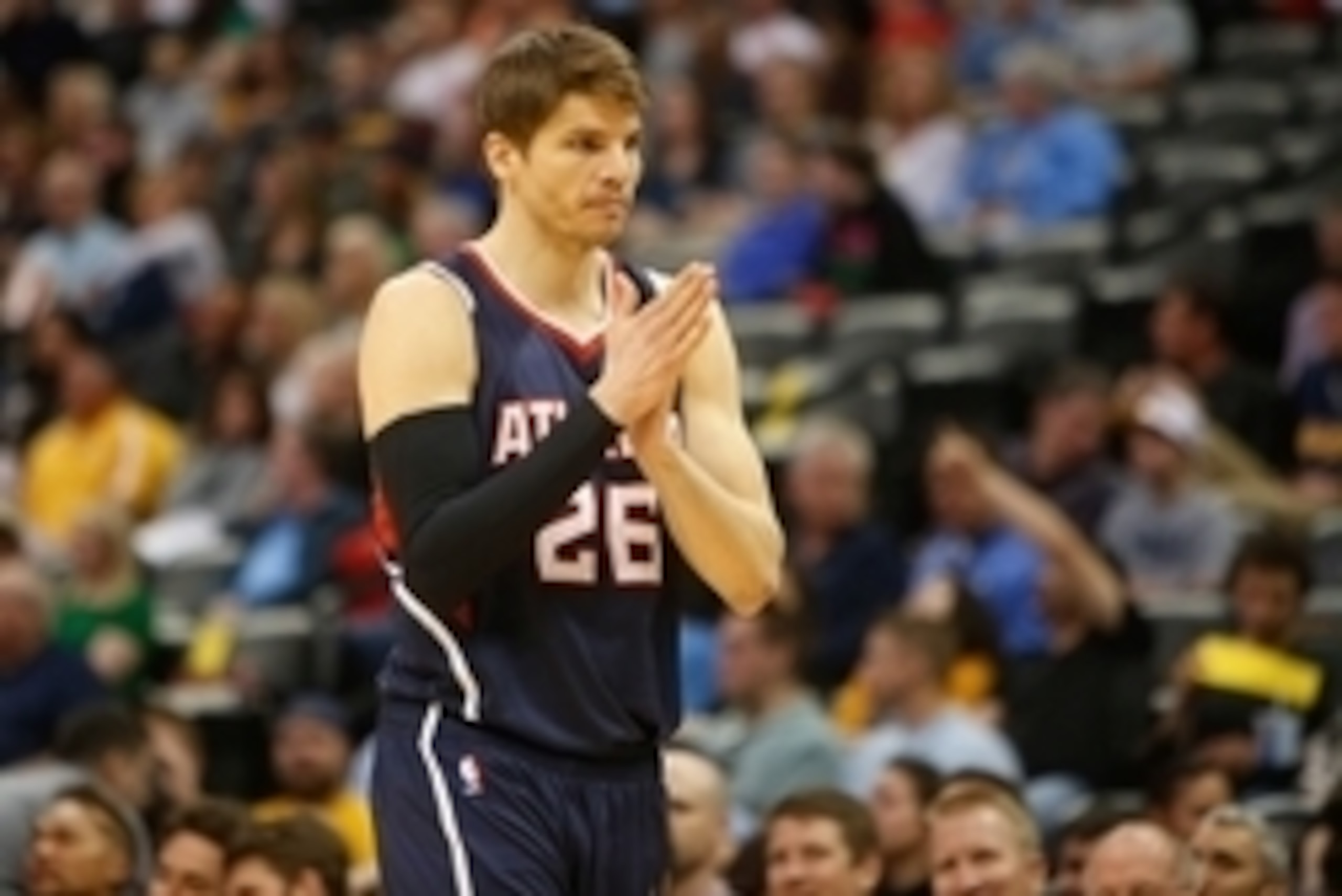 Mar 11, 2015; Denver, CO, USA; Atlanta Hawks guard Kyle Korver (26) during the game against the Denver Nuggets at Pepsi Center.  Mandatory Credit: Chris Humphreys-USA TODAY Sports