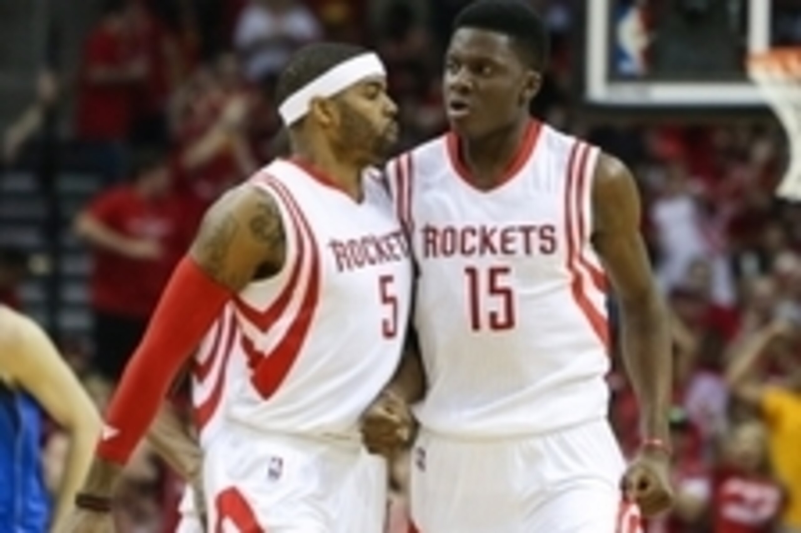 Apr 18, 2015; Houston, TX, USA; Houston Rockets forward Josh Smith (5) and center Clint Capela (15) in game one of the first round of the NBA Playoffs against the Dallas Mavericks at Toyota Center. Mandatory Credit: Troy Taormina-USA TODAY Sports