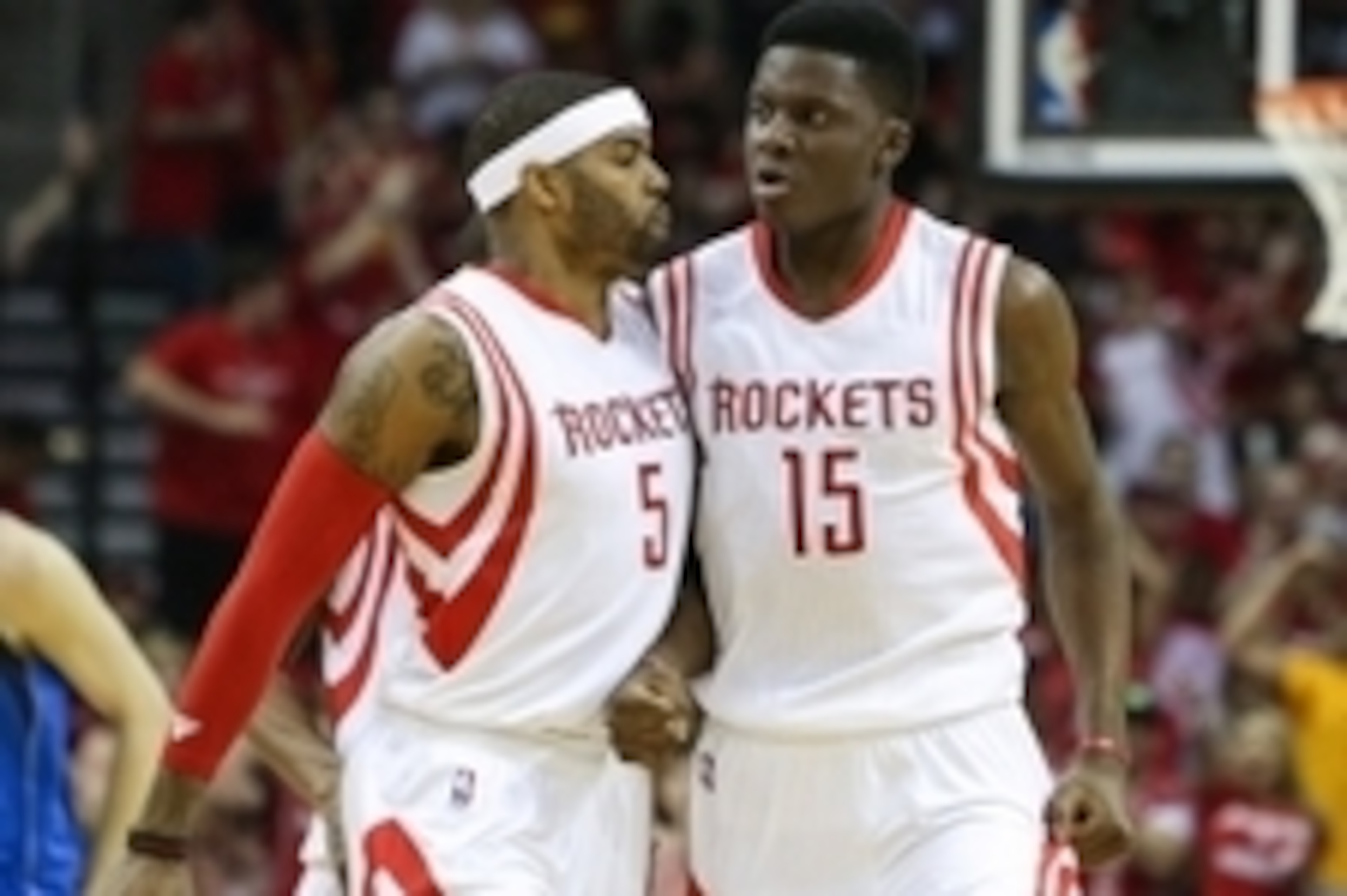 Apr 18, 2015; Houston, TX, USA; Houston Rockets forward Josh Smith (5) and center Clint Capela (15) in game one of the first round of the NBA Playoffs against the Dallas Mavericks at Toyota Center. Mandatory Credit: Troy Taormina-USA TODAY Sports