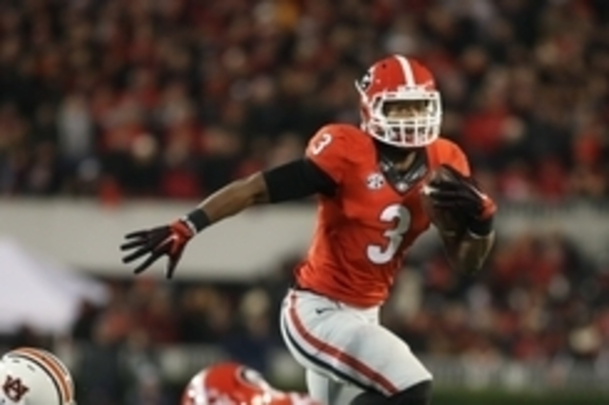 Nov 15, 2014; Athens, GA, USA; Georgia Bulldogs running back Todd Gurley (3) runs in the first quarter of their game against the Auburn Tigers at Sanford Stadium. Georgia won 34-7. Mandatory Credit: Jason Getz-USA TODAY Sports