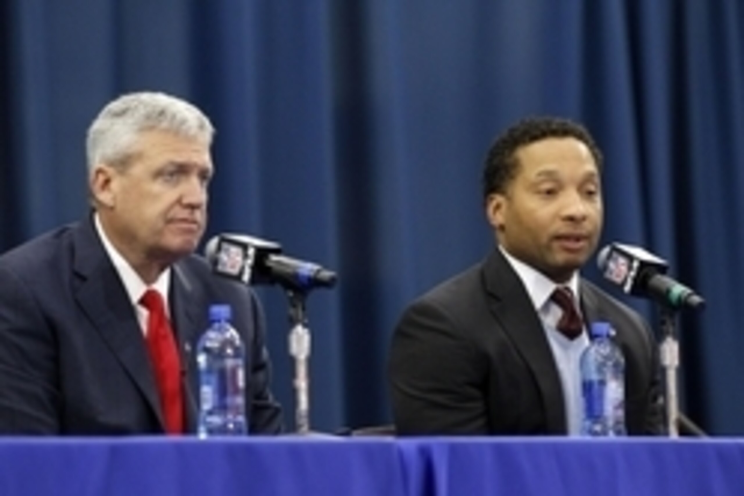 Jan 14, 2015; Orchard Park, NY, USA; Buffalo Bills general manager Doug Whaley speaks during a press conference as head coach Rex Ryan looks on at ADPRO Sports Training Center. Mandatory Credit: Kevin Hoffman-USA TODAY Sports