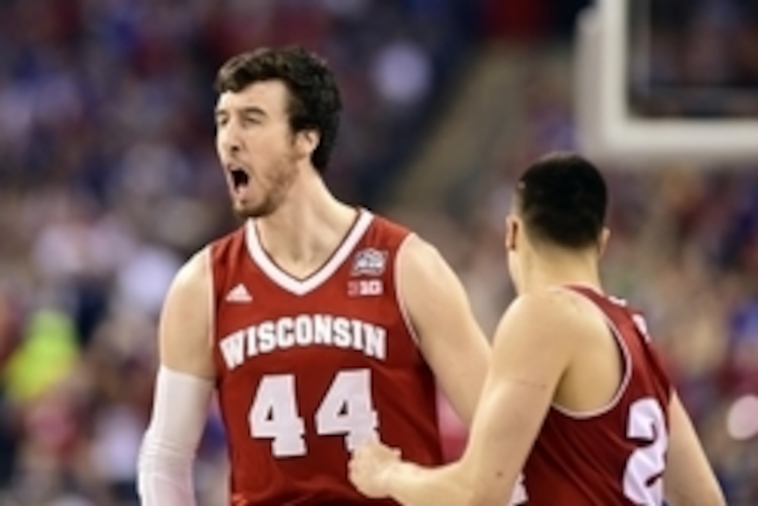 Apr 6, 2015; Indianapolis, IN, USA; Wisconsin Badgers forward Frank Kaminsky (44) reacts after a basket against the Duke Blue Devils in the first half in the 2015 NCAA Men's Division I Championship game at Lucas Oil Stadium. Mandatory Credit: Bob Donnan-U