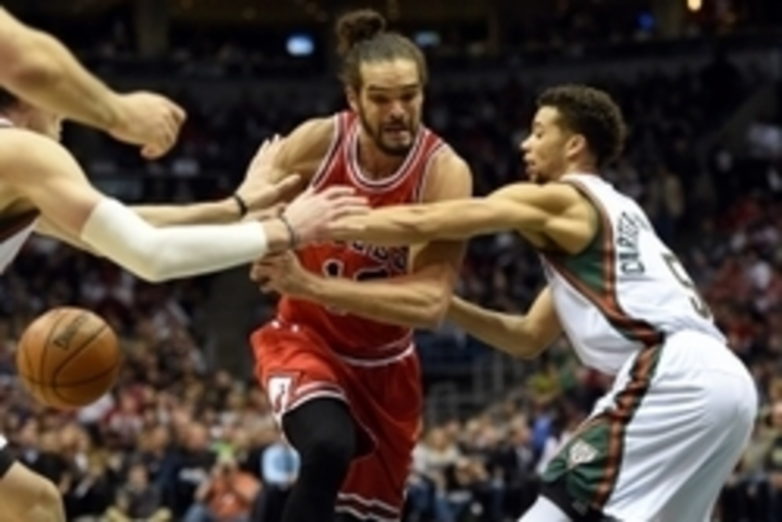 Apr 25, 2015; Milwaukee, WI, USA; Milwaukee Bucks guard Michael Carter-Williams (5) knocks the ball away from Chicago Bulls center Joakim Noah (13) in the first quarter in game four of the first round of the NBA Playoffs at BMO Harris Bradley Center. Mand Apr 25, 2015; Milwaukee, WI, USA; Milwaukee Bucks guard Michael Carter-Williams (5) knocks the ball away from Chicago Bulls center Joakim Noah (13) in the first quarter in game four of the first round of the NBA Playoffs at BMO Harris Bradley Center. Mand
