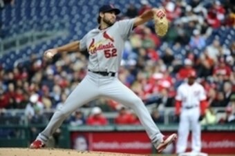 Apr 23, 2015; Washington, DC, USA; St. Louis Cardinals starting pitcher Michael Wacha (52) throws to the Washington Nationals during the second inning at Nationals Park. Mandatory Credit: Brad Mills-USA TODAY Sports